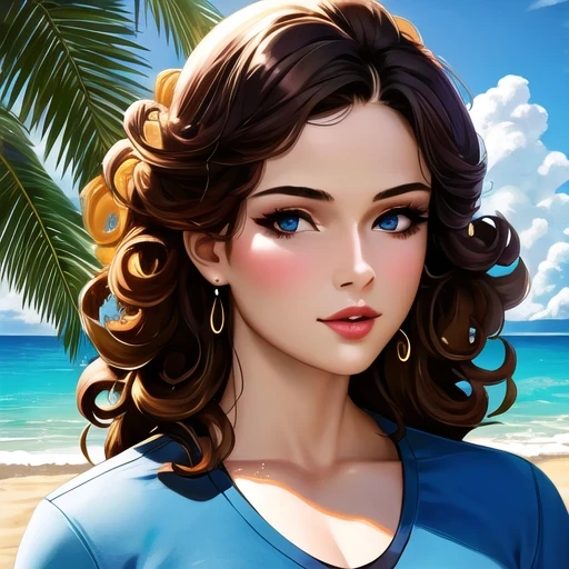 surreal, 4k, Professional photos, 22 year old girl, black girl, big curly hair, high dynamic range, Detailed face, medium build, floral skirt, (Open blue shirt), masterpiece, (Light), (Only 1), beach background, realistic background, Realistic photos