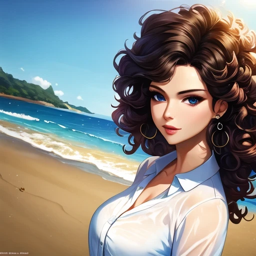 surreal, 4k, Professional photos, 22 year old girl, black girl, big curly hair, high dynamic range, Detailed face, medium build, floral skirt, (Open blue shirt), masterpiece, (Light), (Only 1), beach background, realistic background, Realistic photos