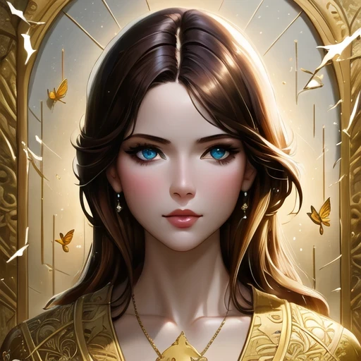 8k beautiful portrait of brown hair, complicated, elegant, Very detailed, majestic, digital photography, artistic germ、Works by Jia Ruan and Greg Rutkoski, Surrealism, golden butterfly filigree, broken glass, (masterpiece, Side light, Exquisite and beautiful eyes: 1.2), human development report