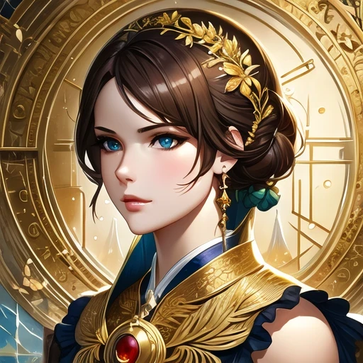 8k beautiful portrait of brown hair, complicated, elegant, Very detailed, majestic, digital photography, artistic germ、Works by Jia Ruan and Greg Rutkoski, Surrealism, golden butterfly filigree, broken glass, (masterpiece, Side light, Exquisite and beautiful eyes: 1.2), human development report