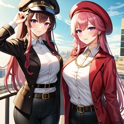 4k, actual, high detail, Super eyes detailed, fashion clothing, Pink trench coat, french beret, Black pants with belt, long hair, in the city, pink hair, purple eyes, Yae Shrine Maiden, Wear stylish sunglasses,