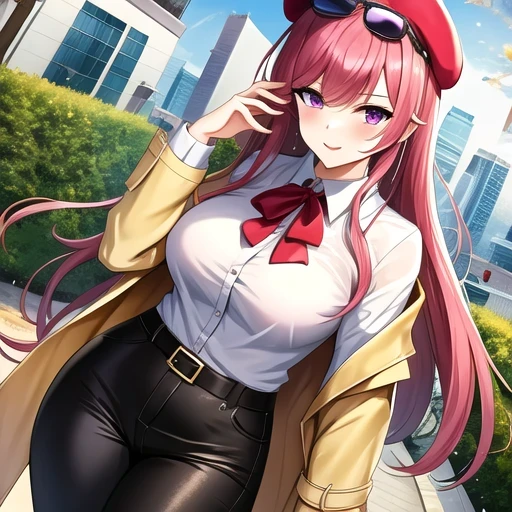 4k, actual, high detail, Super eyes detailed, fashion clothing, Pink trench coat, french beret, Black pants with belt, long hair, in the city, pink hair, purple eyes, Yae Shrine Maiden, Wear stylish sunglasses,