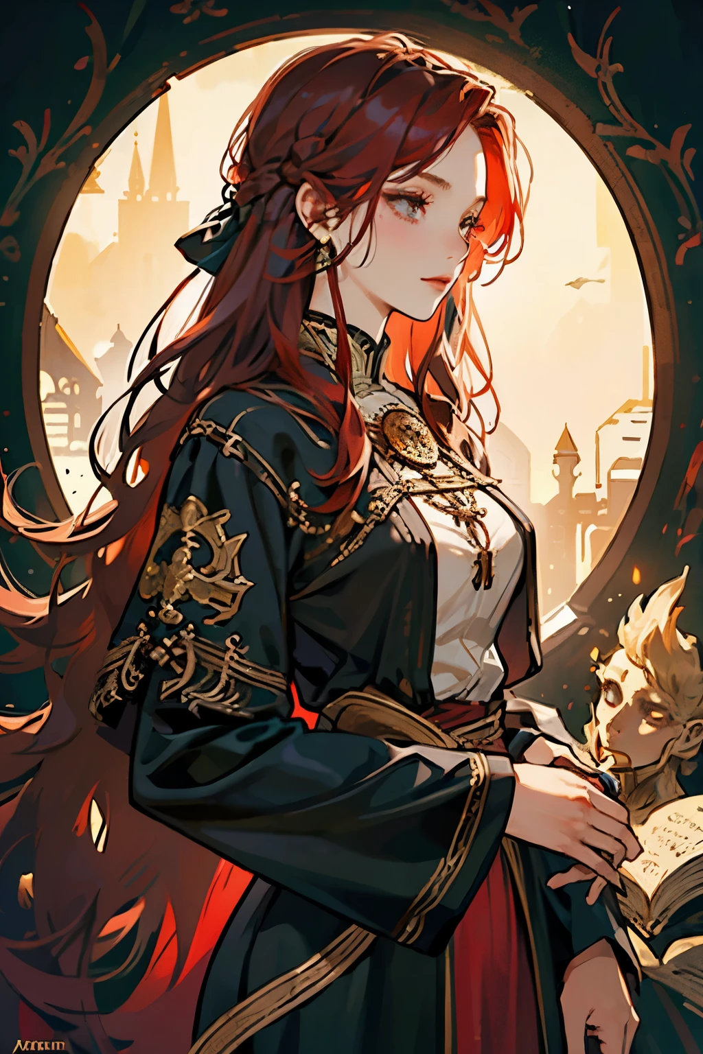 (best quality,adul,1 girl,very tall,elegant,long crimson hair,dark black eyes,bohemian-style medieval clothing,fantasy medieval background,soft lighting,scholarly)