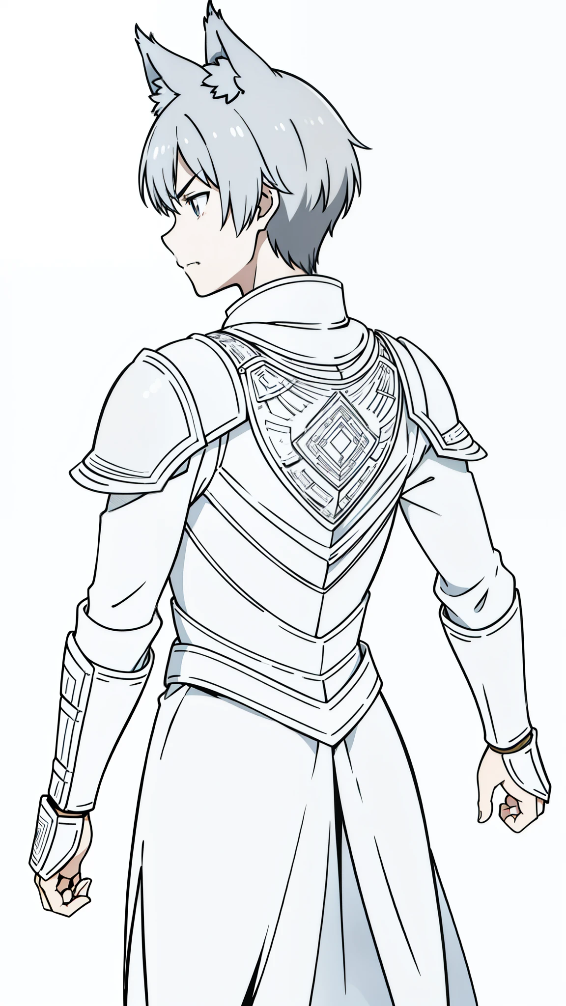 (1boy,),short hair,solo,simple armor,gray hair,wolf ears,(white background,line drawing),from back,no face,backwards,angry