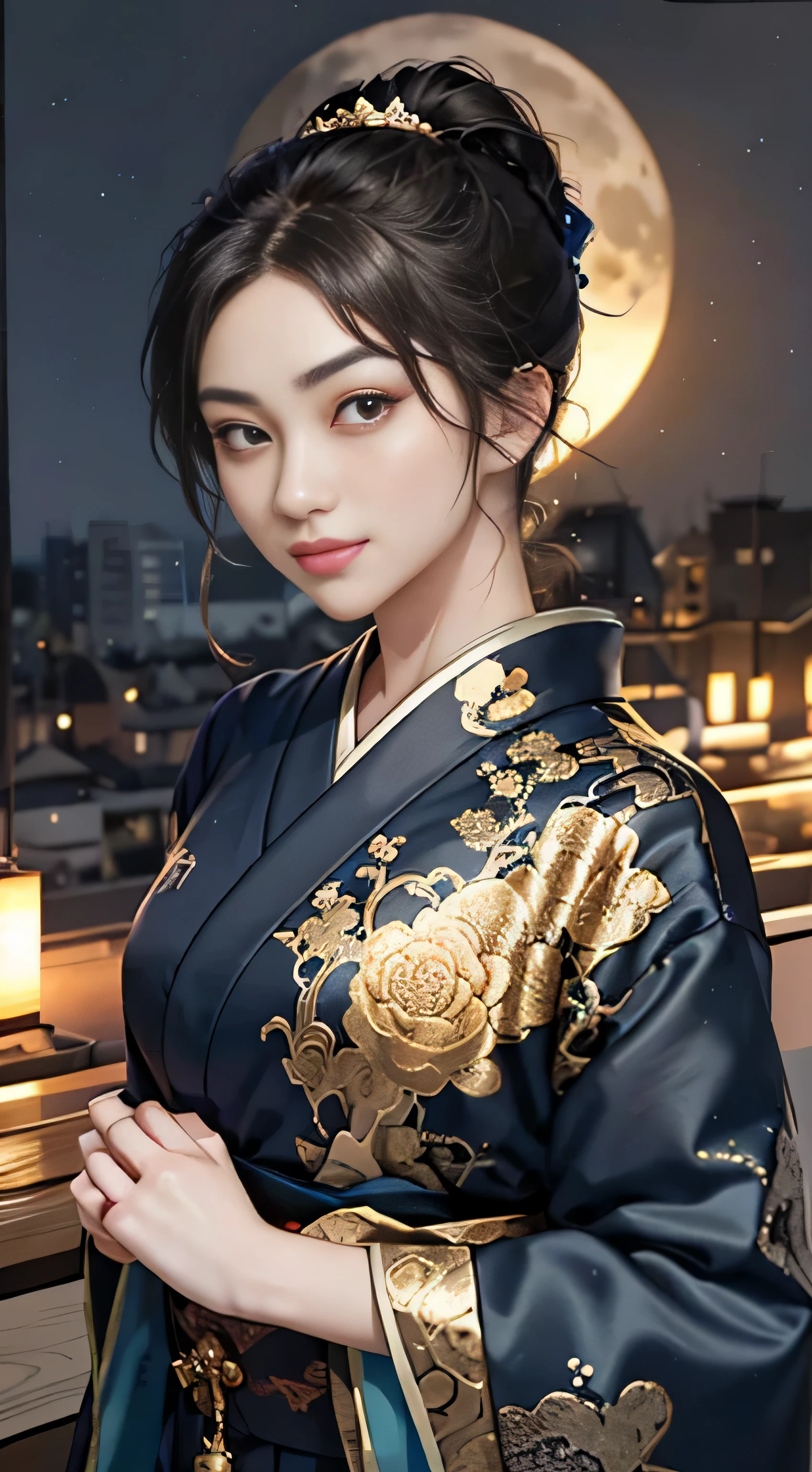 detailed background((moon：1.5),ruined city)、break,elaborate costumes{luxury kimono(black kimono(fine golden embroidery,))}、(japanese idol(actress):1.2)(perfect face:1.2),Expressing a beautiful and elegant woman。glossy black hair,ponytail,heart in the eyes。 Wallpaper 16K, .Blur the background with a sickle,((table top)), ((highest quality)),{{portrait photography}},Full body Esbian、Vision,Like a corporate logo