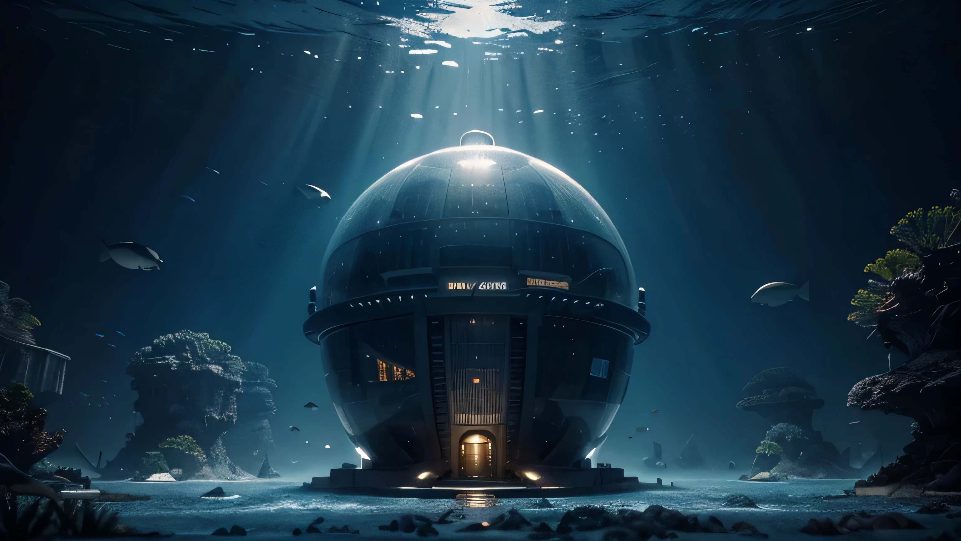 Ilustre uma paisagem urbana futurista submersa sob as ondas do oceano, where dome-shaped structures and underwater habitats are home to a thriving underwater civilization. Fill the scene with aquatic species, submarinos futuristas, e vida marinha produzida pela bioengenharia, increasing the sense of wonder and exploration. Utilize a palette of cool blues and shimmering aquatic tones to evoke the tranquility and beauty of the underwater metropolis. 4k resolution.