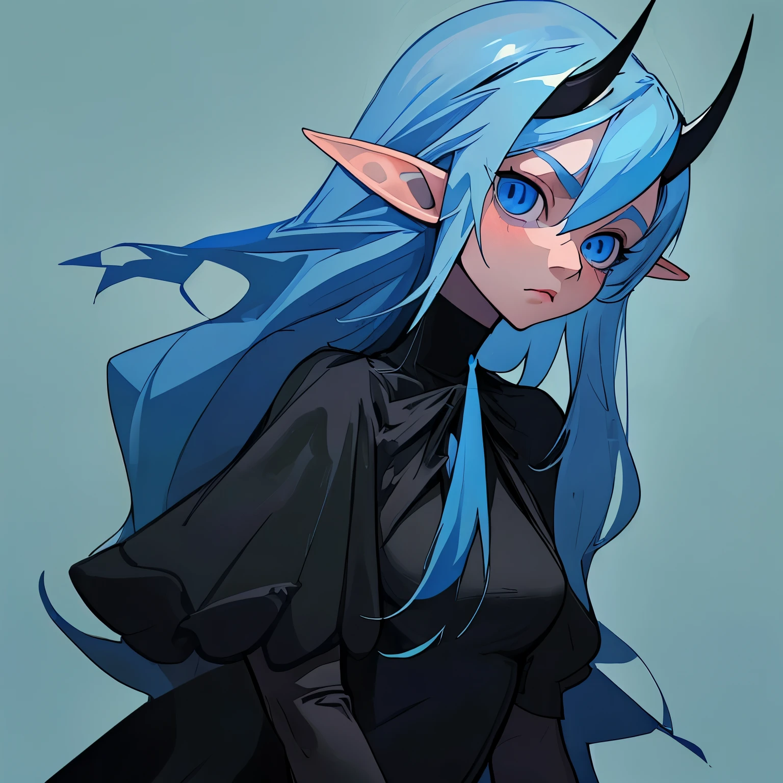 Long blue hair, black horns,Blue eyes, elf ears, black minimalist dress