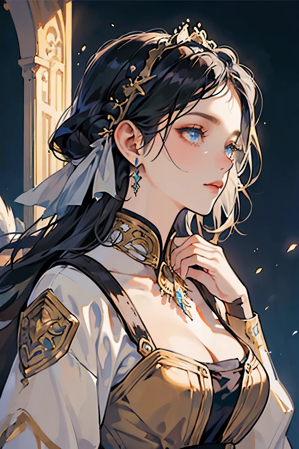 (best quality,adul, madure, concubina, 1 girl,very tall,elegant,long black hair, blue eyes,bohemian-style medieval clothing,fantasy medieval background,soft lighting,scholarly)