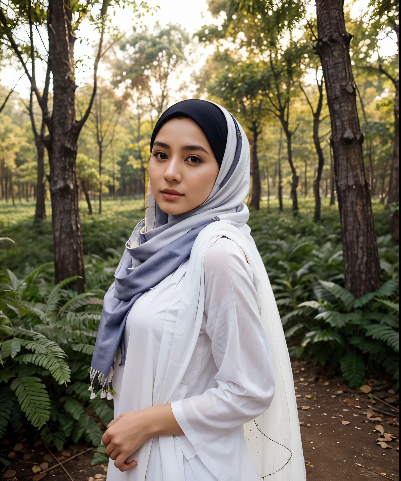arafed girl in a hijab standing in a field, hijab, long shawl, white hijab, shawl, scarf, inspired by Nazmi Ziya Guran, malaysian, handsome girl, inspired by Naza, detailed picture, in front of a forest background, inspired by Shaddy Safadi, dilraba dilmurat, a young asian woman