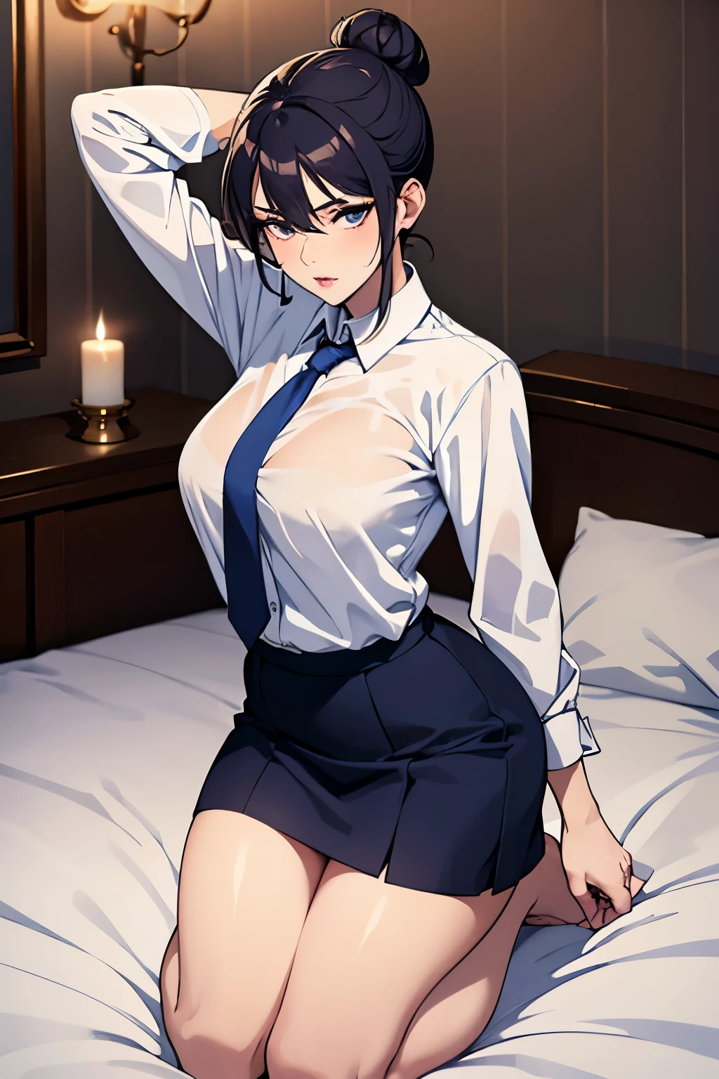Sexy woman, seductive gaze, parted lips, white shirt, blue tie and skirt, kneeling down on bed, tying her hair in a bun, night time, candles lit