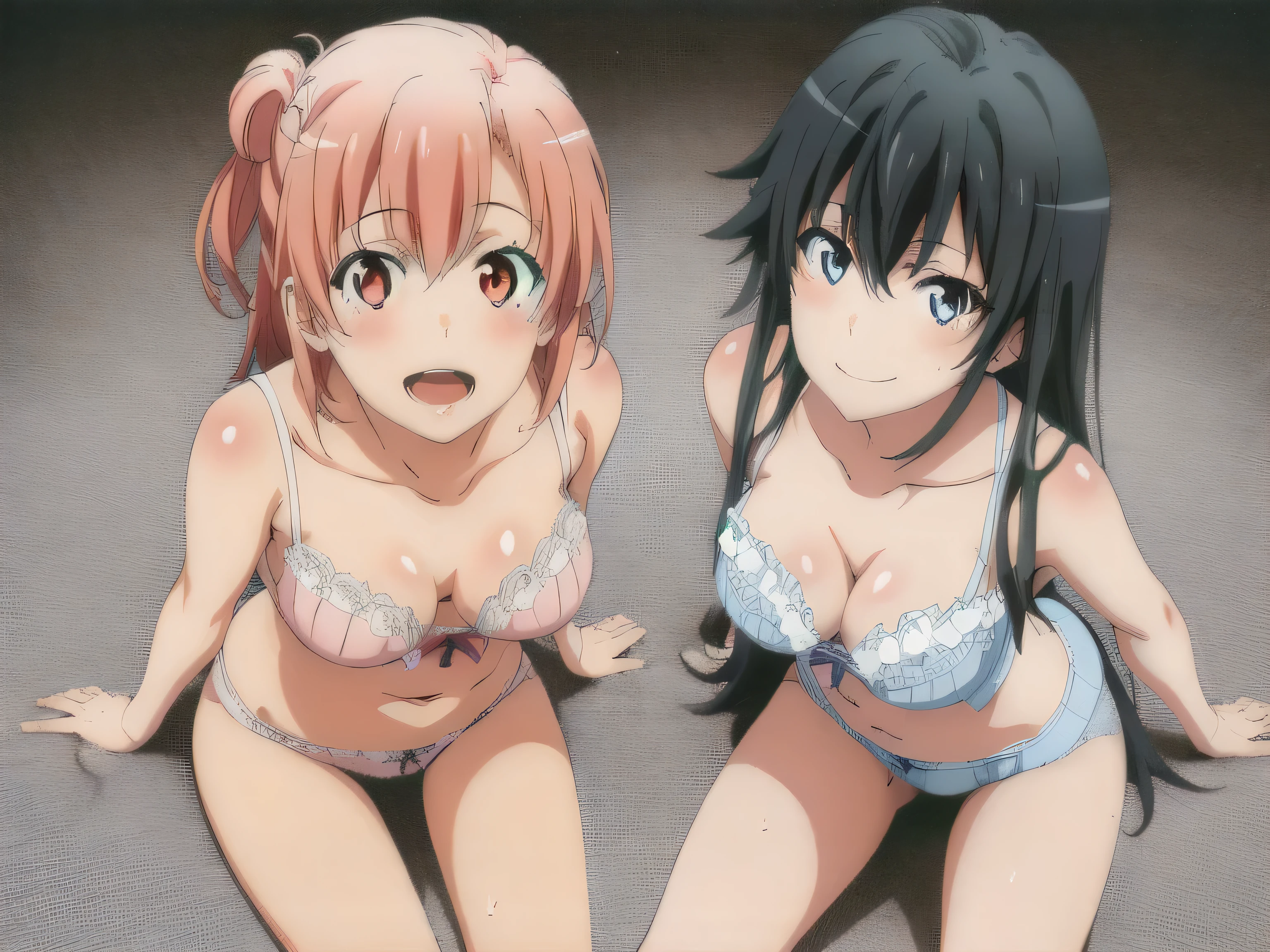 ((2 girls:1.0)), (Yuigahama Yui shapely breasts),(Yukinoshita Yukino)sit,light pink lace underwear,beautiful white lace underwear,belly button,thighs,knees,front,looking at camera,(high angle),smile,open your mouth,Panoramic view of the head,beautiful eyes