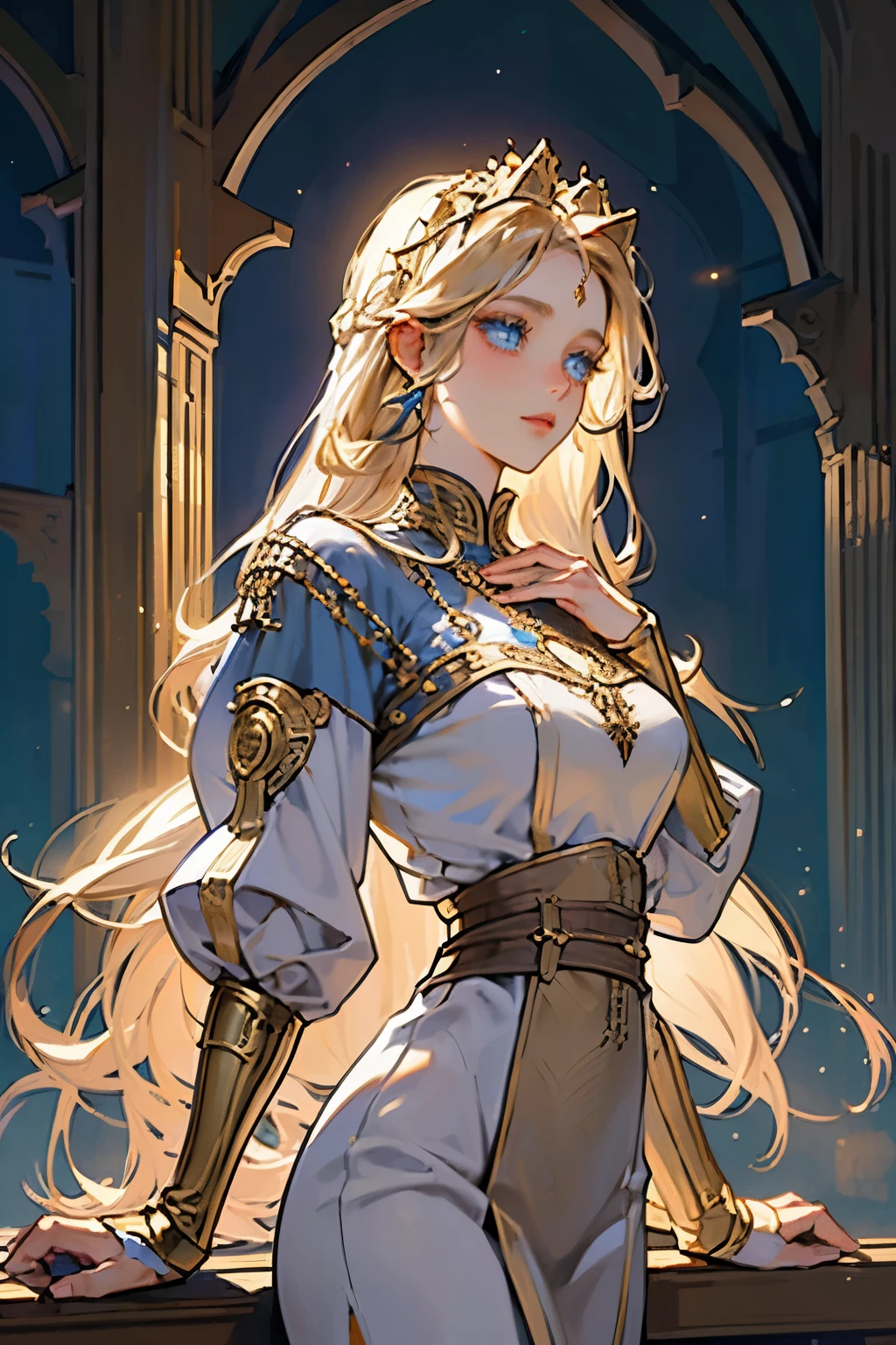 (best quality,adul, madure, concubina, 1 girl,very tall,elegant,long gold hair, blue eyes,bohemian-style medieval clothing,fantasy medieval background,soft lighting,scholarly)