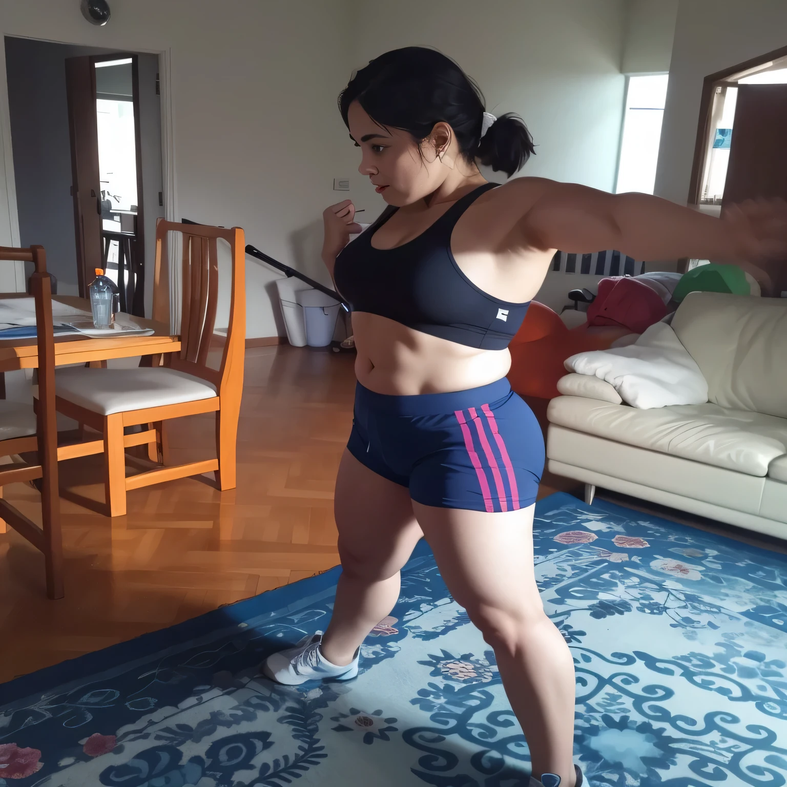woman in blue sports bra and blue shorts with red vertical stripes, Standing in a living room, sports bra and shorts, sports bra and dark blue shorts, foto adequada, tiro do meio da cintura para cima, plano amplo de corpo inteiro, corte de meio corpo, mulher baixa e robusta, pose lateral, 3 Brazilian mother of 5 years, tiro do meio do corpo, olhando de lado!, cintura - tiro, with abdomen. Foto de corpo inteiro, foto clara, alta qualidade, high resolution, obra-prima, 8K.