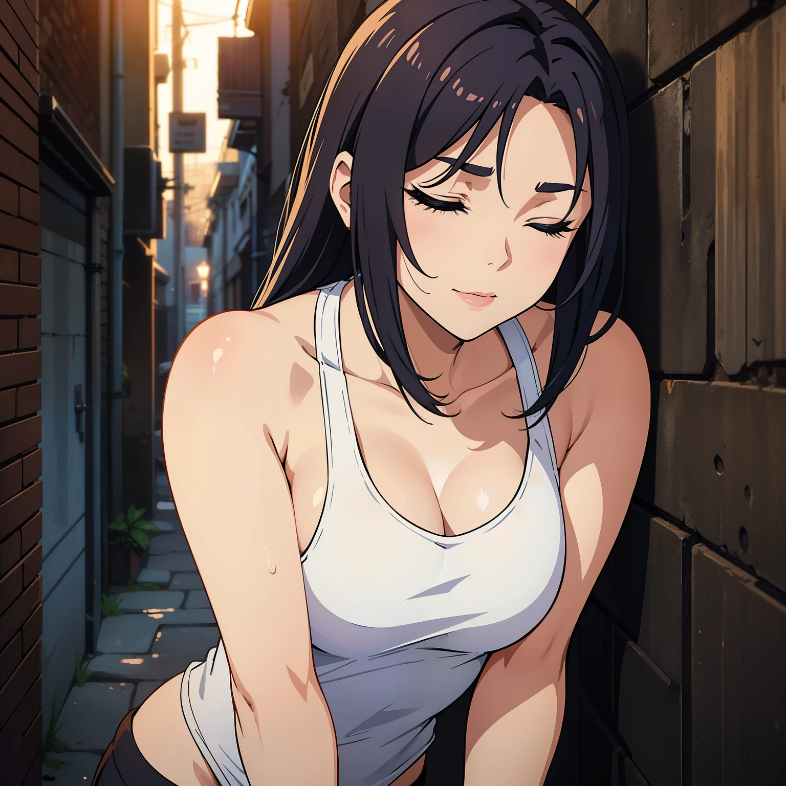 An attractive woman leaning against a wall in a dimly lit alleyway, with her eyes closed and mouth slightly open, expressing pleasure and sensual enjoyment. She is wearing a white tank top that exposes her bare shoulders, and her eyebrows are slanted suggestively.