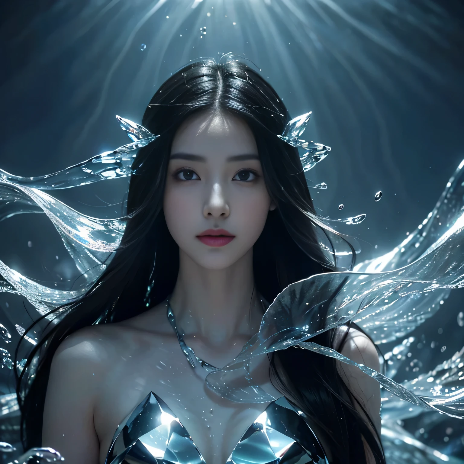 (tmasterpiece,top-quality,optimum,offcial art,Beautiful and beautiful,Long exposure:1.2),Smooth movement,Attractive pattern,one-girl,Adult women,Perfect skin,jade Eyes,Black leafy hair,sportrait,solo,The upper part of the body,Gaze at the observer,detailedbackground,Detailed face,(Crystal AI,crystalline theme:1.1),Elemental Water Elves,Swirl water,Water control,Fantasy magician costume,dynamicposes,Floating particles,Ether dynamics, Eau,steamy,Background sea,blue tint,shores,Fantastical Atmosphere,。Black hair。Full face。Realism in the water。Light and shadow tracking,