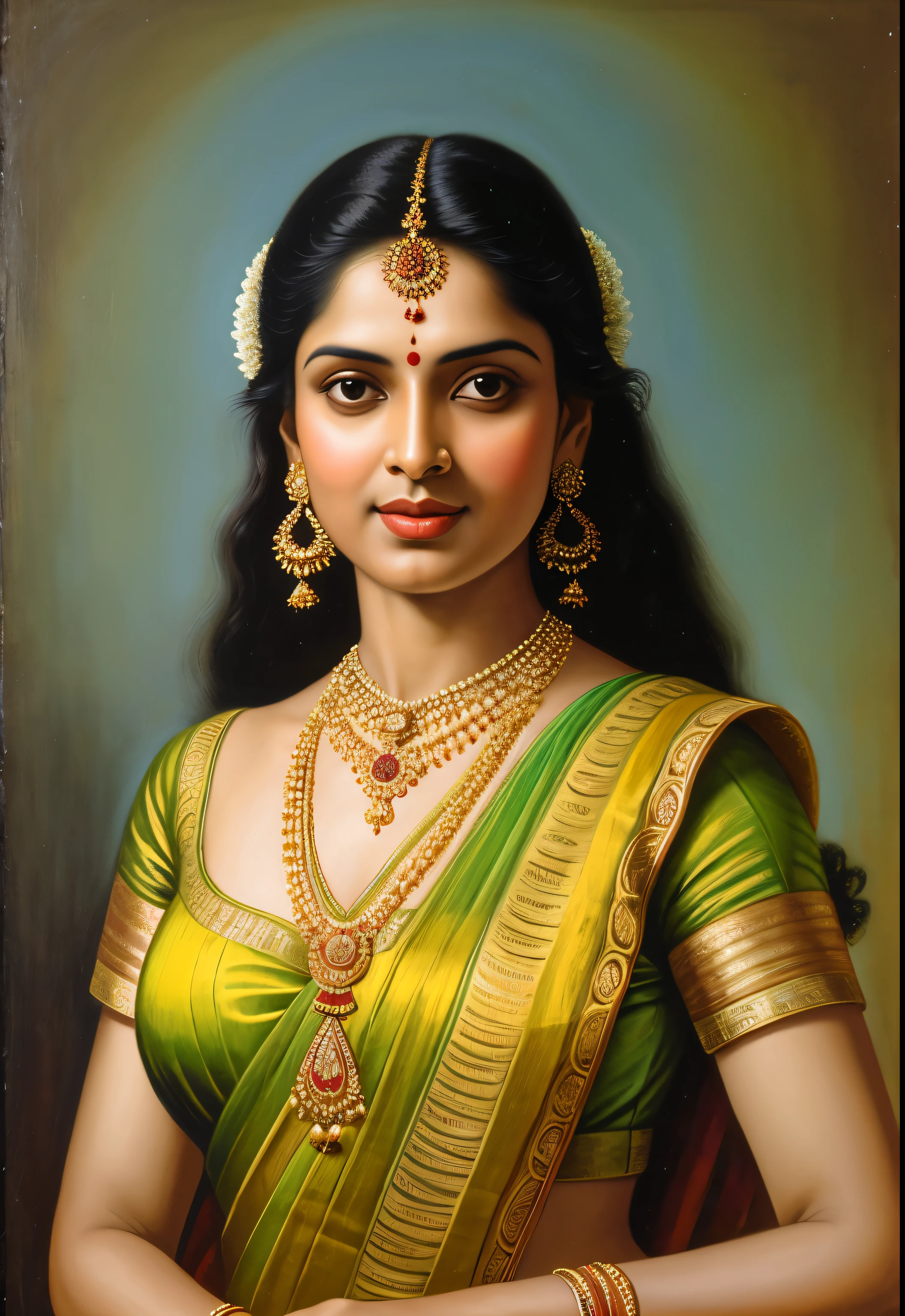 painting of a woman in a sari with a necklace and earrings, inspired by Raja Ravi Varma, szukalski ravi varma, portrait of a beautiful goddess, by Raja Ravi Varma, indian goddess, traditional beauty, a stunning portrait of a goddess, inspired by T. K. Padmini, indian art, indian goddess of wealth, portrait of a goddess