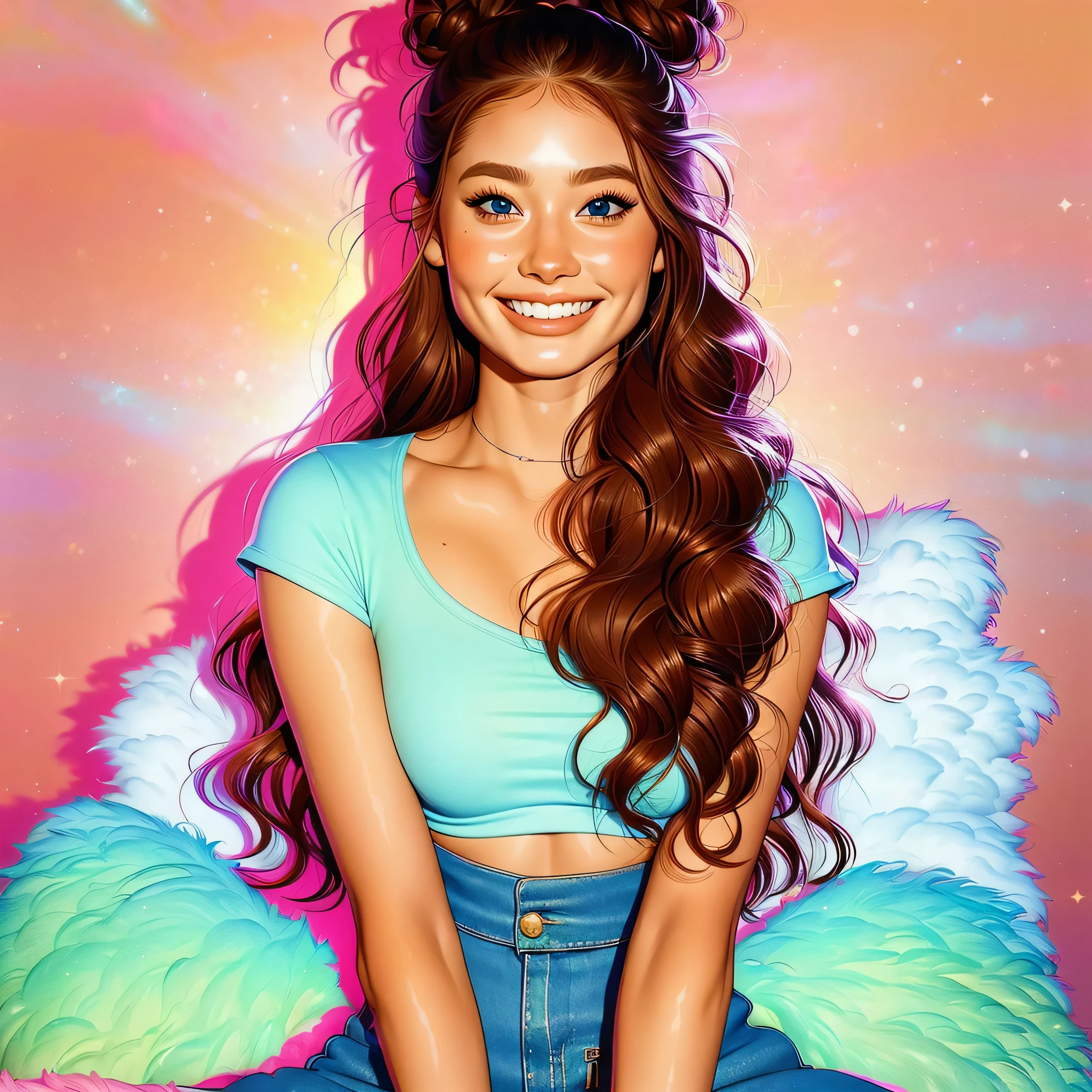 1girl, (solo), (masterpiece, best quality), (finely detailed beautiful eyes), blue_eyes, (long_hair), (auburn_hair), (wavy hair), (space buns), (short skirt), pink crop top, (girly aesthetic), (tan skin), (beautiful), (smiling), (dimples), cute art style, cute detailed digital art, beautiful digital illustration, highly detailed character design