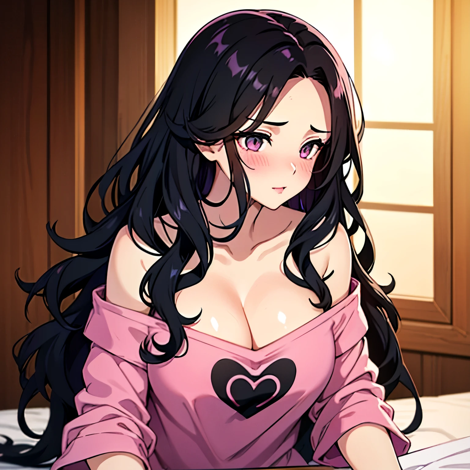 Sexy woman, long black wavy hair, big forehead, beautiful seductive eyes, medium nose, big kissable lips, deep pink blush, blushing deeply, fair glowing skin, pink oversized off shoulder t shirt, bare shoulders, medium chest, cleavage