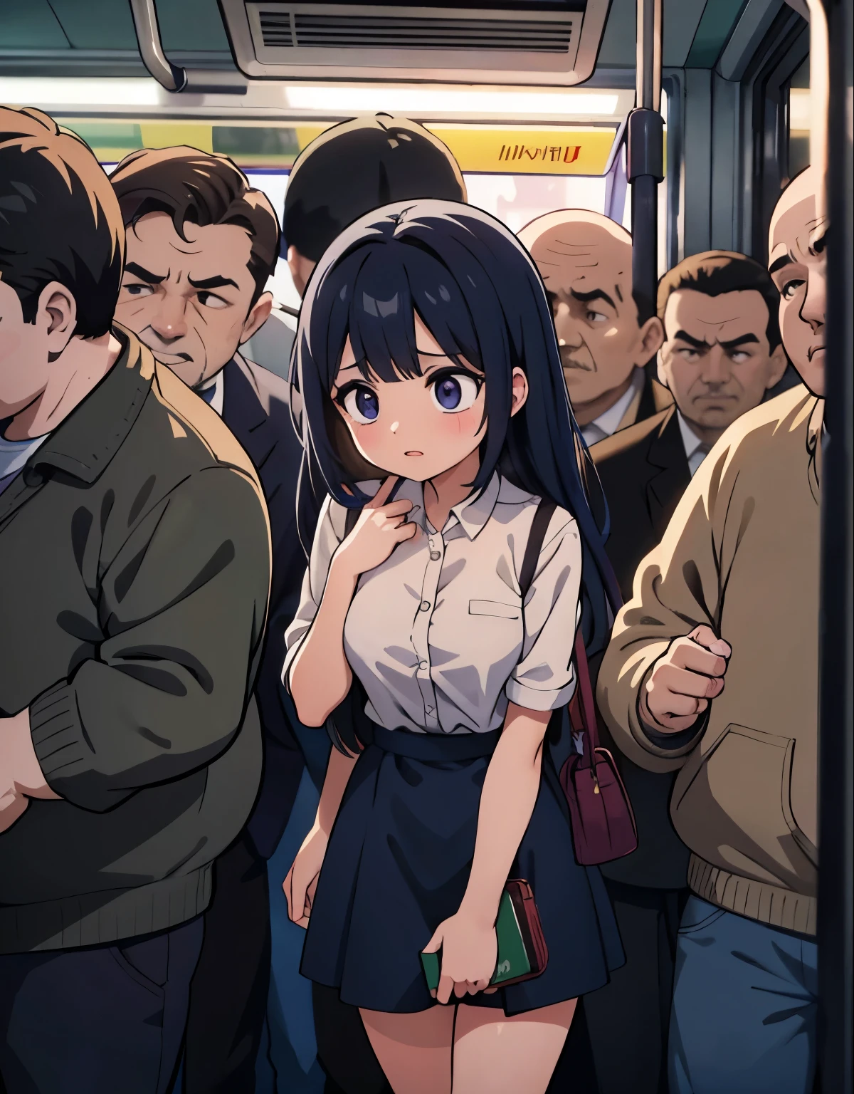 a girl being touched by multiple men without her consent inside a subway car,illustration,harsh and disturbing atmosphere,[dark shadows,dark and crowded subway car,panic,struggle],(best quality,highres),vivid colors,warm tones,dimmed lighting