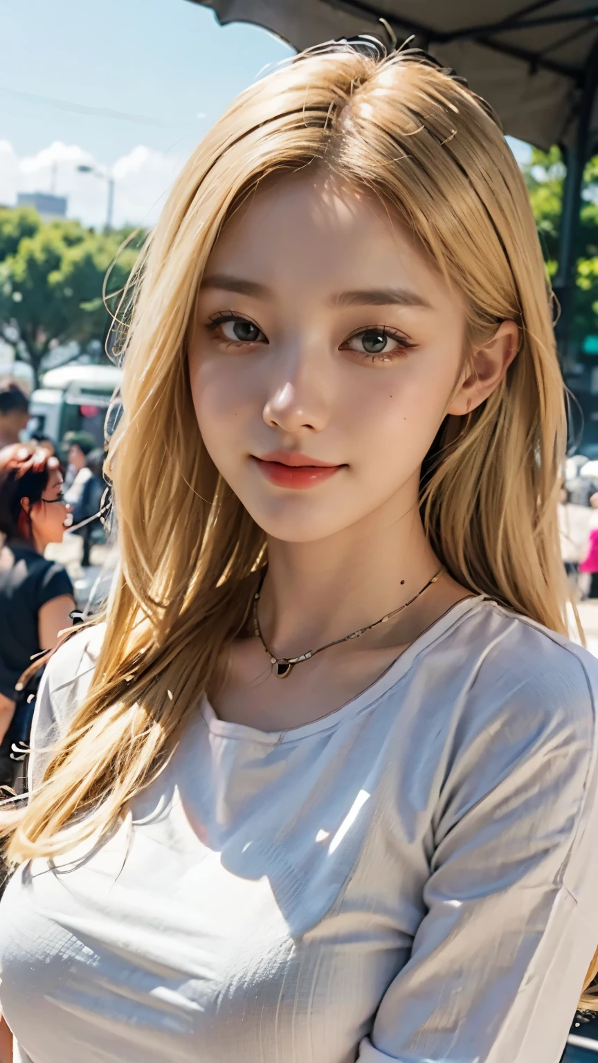 (masterpiece, top-quality, a beauty girl, kawaii faces:1.2), Casual Hair, (The upper part of the body, bangss:1.2), Small waist, (Simple background:1.4), a park,A clear day:1.2, face lights, 8K, Official art, Raw foto, incredibly absurdness, depth of fields, Look at viewers, A hyper-realistic, hight resolution, a picture, film grains, chromatic abberation, foco nítido, Bokeh background、Dynamic lighting、highest details、ighly detailed、ultra-detailliert、detaile、extremely detailed eye and face,large full breasts,High school students,Japan school uniform,sixteen years old