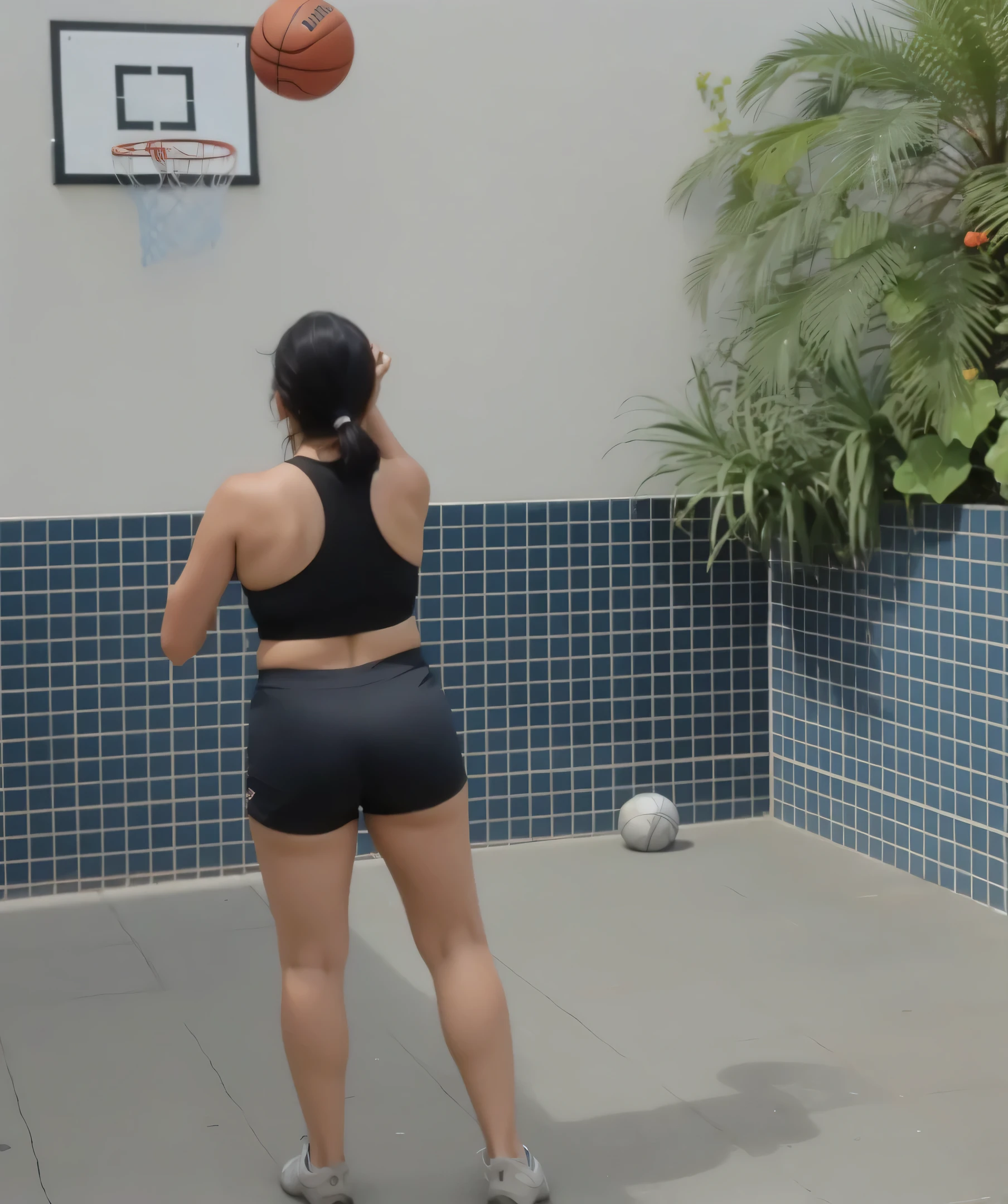 tem uma mulher de blusa preta e short jogando basquete, In shorts, sports bra and dark blue shorts, sports bra and shorts, long shot from behind, blusa preta justa e shorts, em uma academia, filmado como canon 8 0 d, shot from behind, trabalhando fora, vestindo shorts pretos, vista traseira