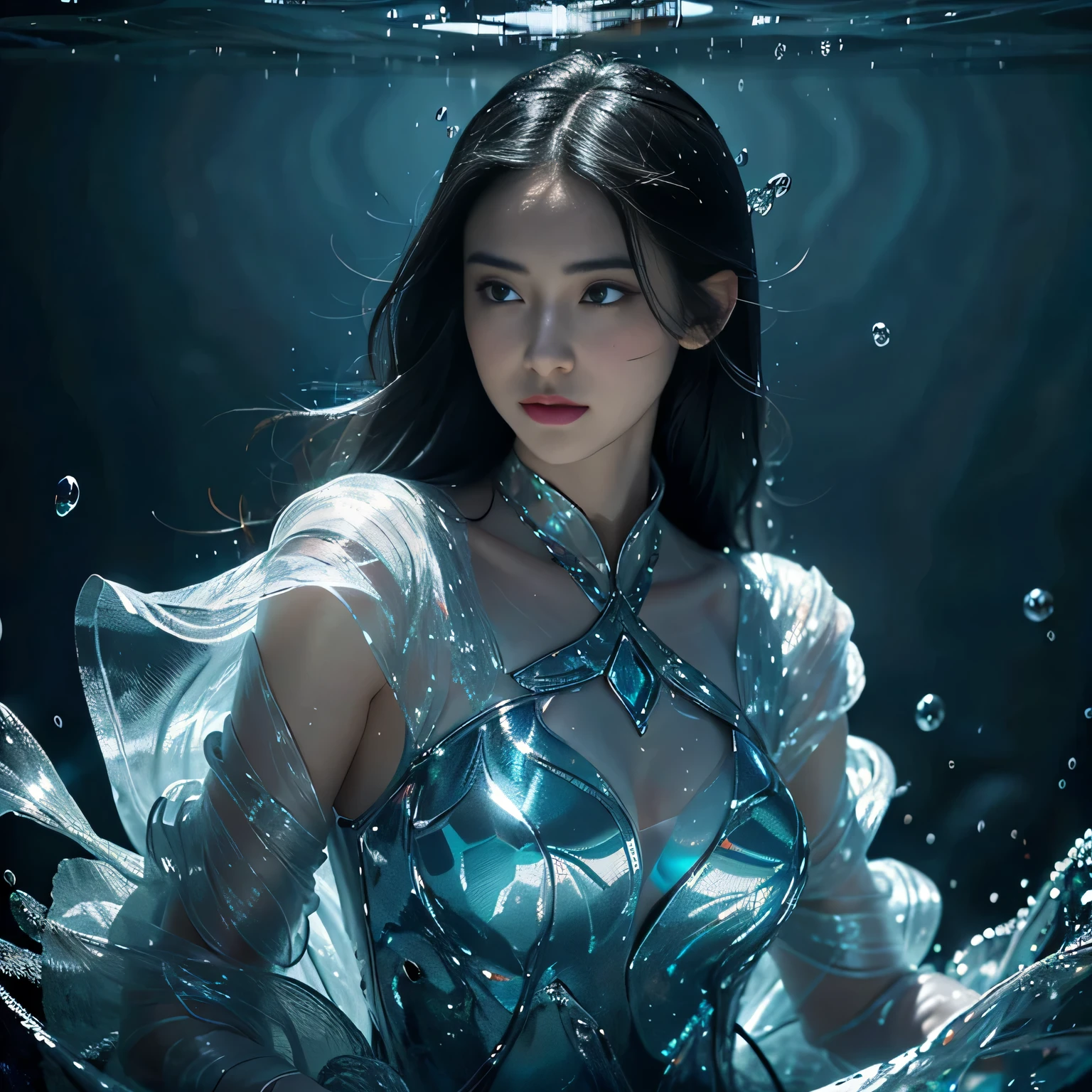（tmasterpiece，top-quality，optimum，offcial art，Beautiful and beautiful，Long exposure：1.2），Smooth movement，Attractive pattern，one-girl，Adult women，Perfect skin，jade Eyes，Black leafy hair，sportrait，solo，The upper part of the body，Gaze at the observer)，detailedbackground，Detailed face，（Crystal AI，crystalline theme：1.1），(Elemental Water Elves，Swirl water，Water control，Fantasy magician costume，dynamicposes，(Floating particles)，Ether dynamics， Eau，steamy，Background sea，blue tint，shores，Fantastical Atmosphere，。Black hair。Full face。Realism in the water。Light and shadow tracking，