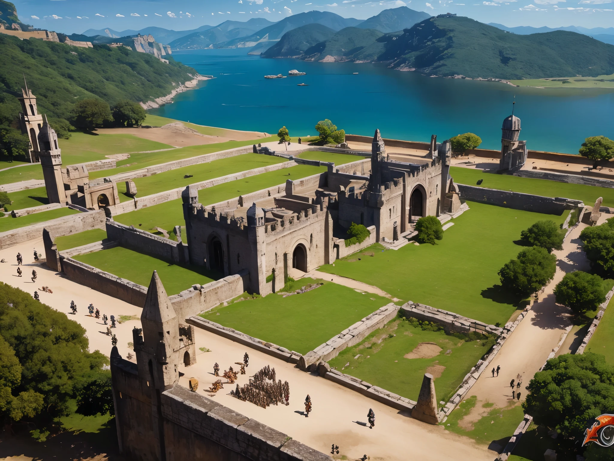 vista arafa de um castelo com dois cavalos e um cavaleiro, em uma paisagem de arena de gladiadores, ameias com soldados, fundo: cena de batalha, captura de tela do jogo, captura de tela do jogo, Game Graphics, batalha medieval, roman festival scene, invading army fundo, batalha de fantasia medieval, cavaleiros em batalha, parado em uma arena