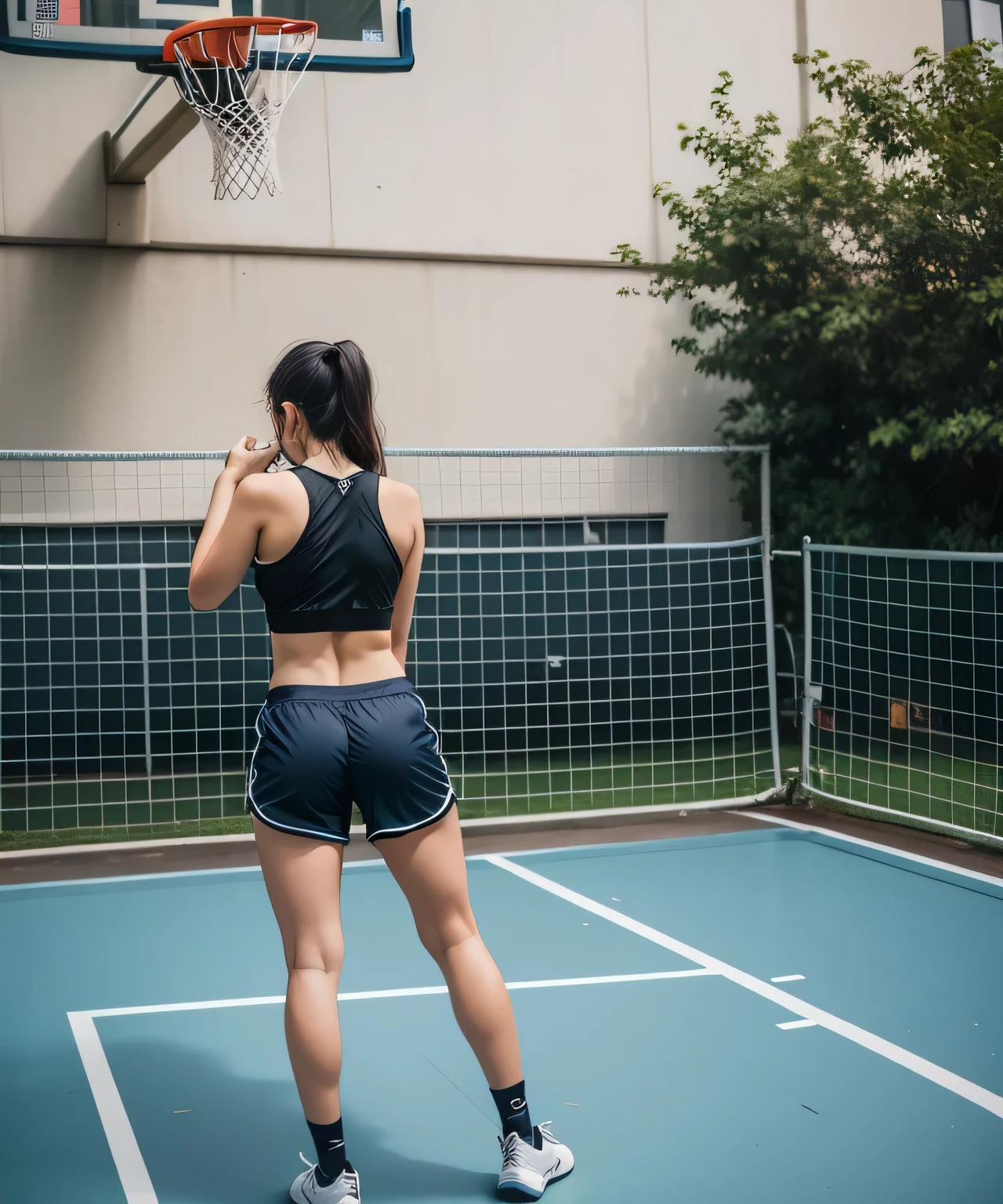 tem uma mulher de blusa preta e short jogando basquete, In shorts, sports bra and dark blue shorts, sports bra and shorts, long shot from behind, blusa preta justa e shorts, em uma academia, filmado como canon 8 0 d, shot from behind, trabalhando fora, vestindo shorts pretos, vista traseira