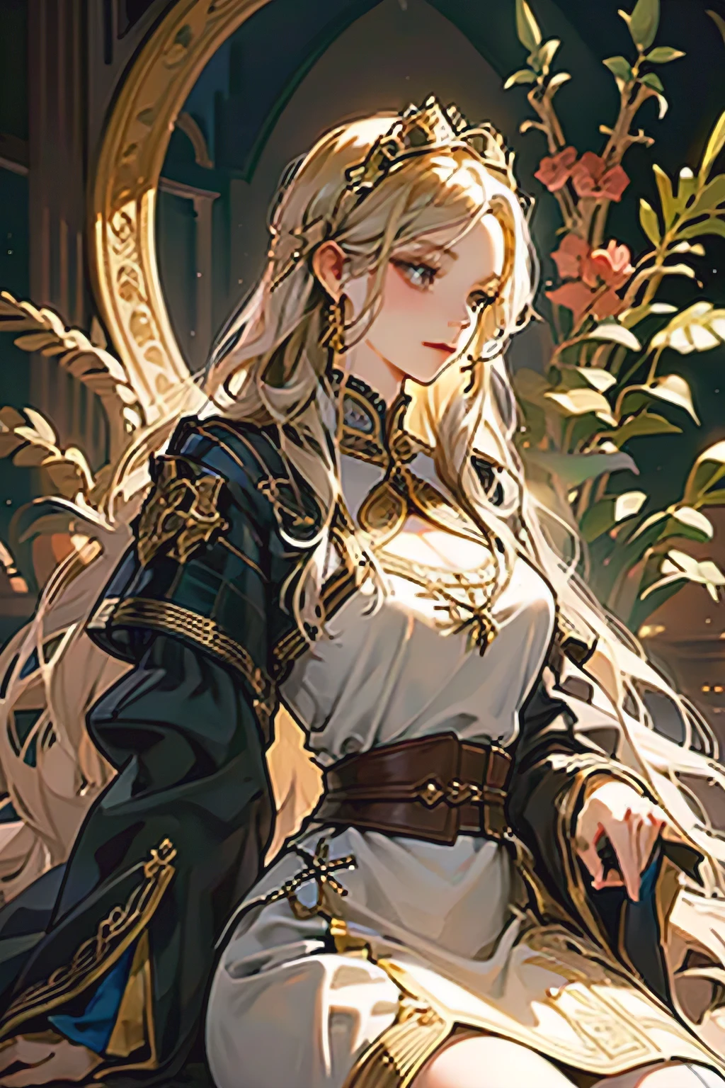 (Mejor calidad,fiesta, madure, concubina, 1 chica,muy alto,elegant,pelo largo y dorado, ojos negros,ropa medieval de estilo bohemio,fantasy medieval background,soft lighting,erudito)