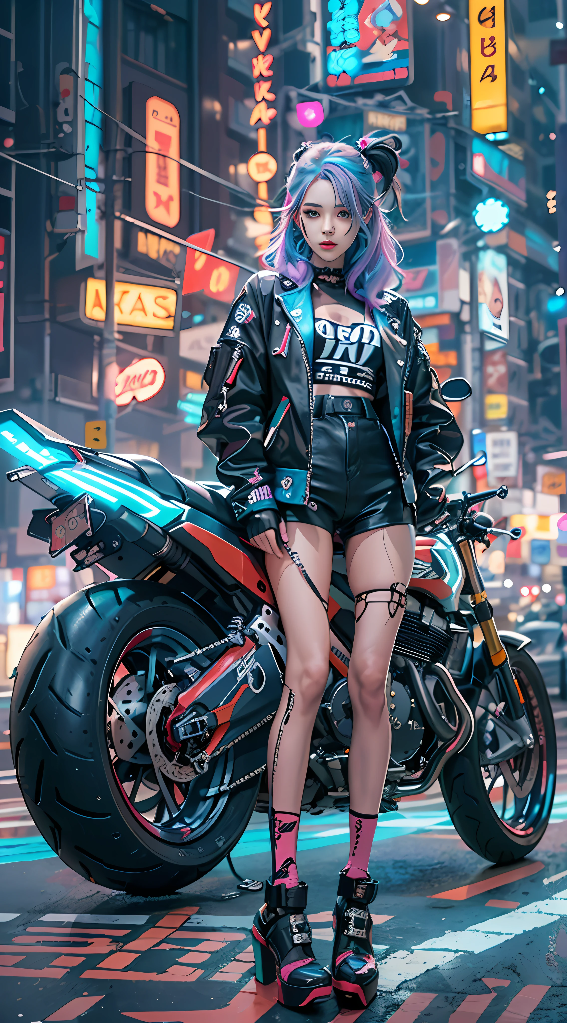 Masterpiece, Best quality, Confident cyberpunk girl, full body shot, ((standing in front of a motorcycle)), Pop outfit in Harajuku style, bold colors and patterns, Attractive accessories, fashionable and innovative hairstyle, bright makeup, cyberpunk, dazzling cityscape, skyscrapers, neon signs, LED lights, bright and vibrant color scheme, anime, Illustration, Detailed leather texture, detailed fabric texture, beautiful detailed face, complex parts, ultra detailed.