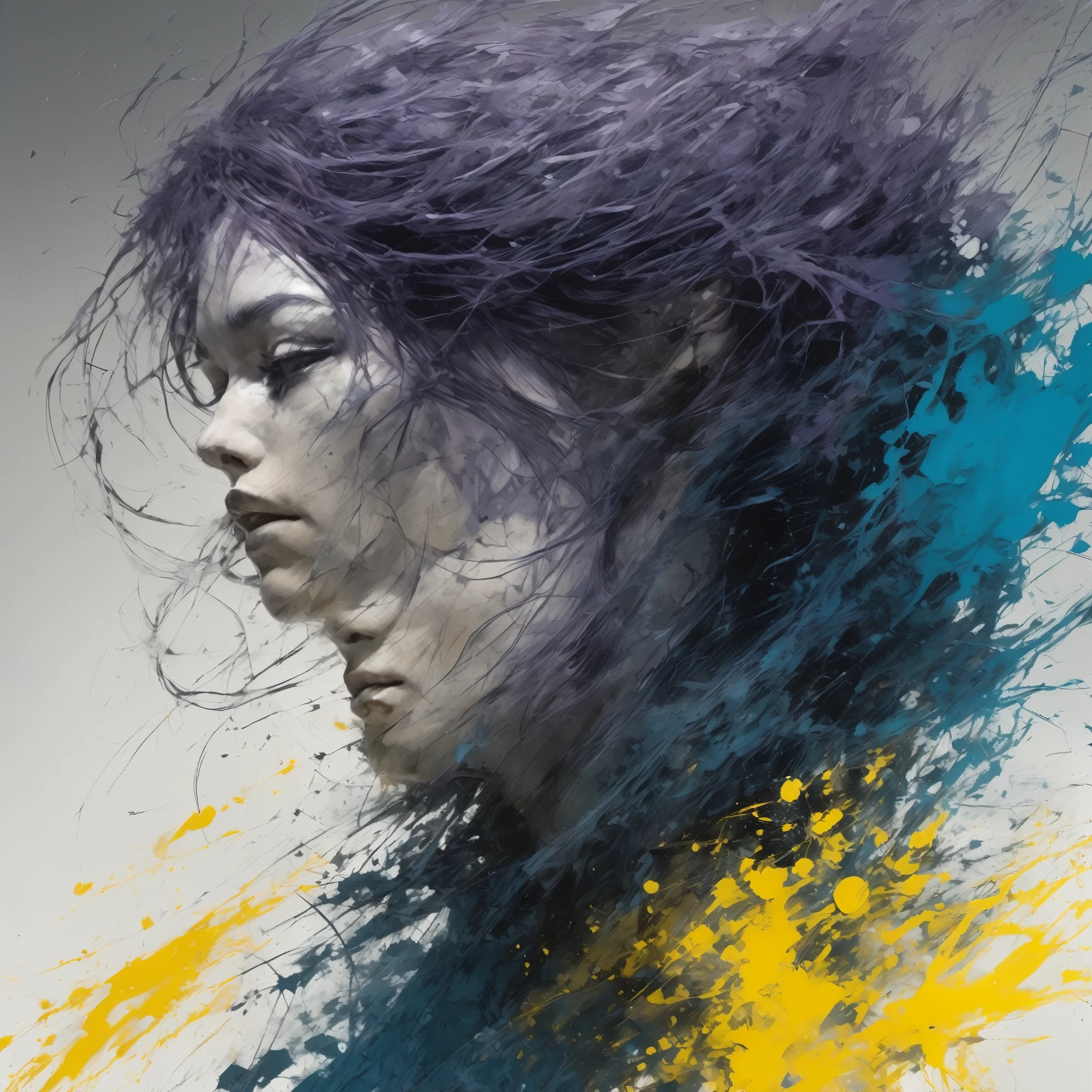 captivating 3D illustration by the talented artits Jeremy Mann, Bernie Wrightson and Takeshi Obata. The artwork features a stunning female sihouette with striking features and delicate fragile , beautiful body. Full body . She is depicted in a minimalist chalk pastel technique, with the Double Contrast Method masterfully mixes bright splashes of color and harmonious blend of blue, purple and yellow. Abstract background , colored in green scale, . . 