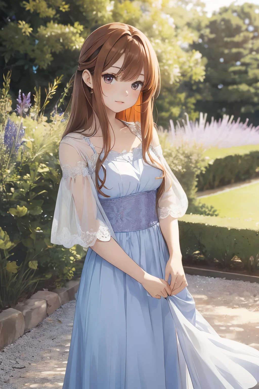 Genera una mujer de ojos azules, vista de lado,Cute Kawai who appears to be approximately 16 years old and has long orange brown hair., with bangs that move slightly with the wind and that she is playing a silver flute and that she is dressed in an elegant long white dress where she is in a botanical garden behind trees with purple flowers all anime drawing style