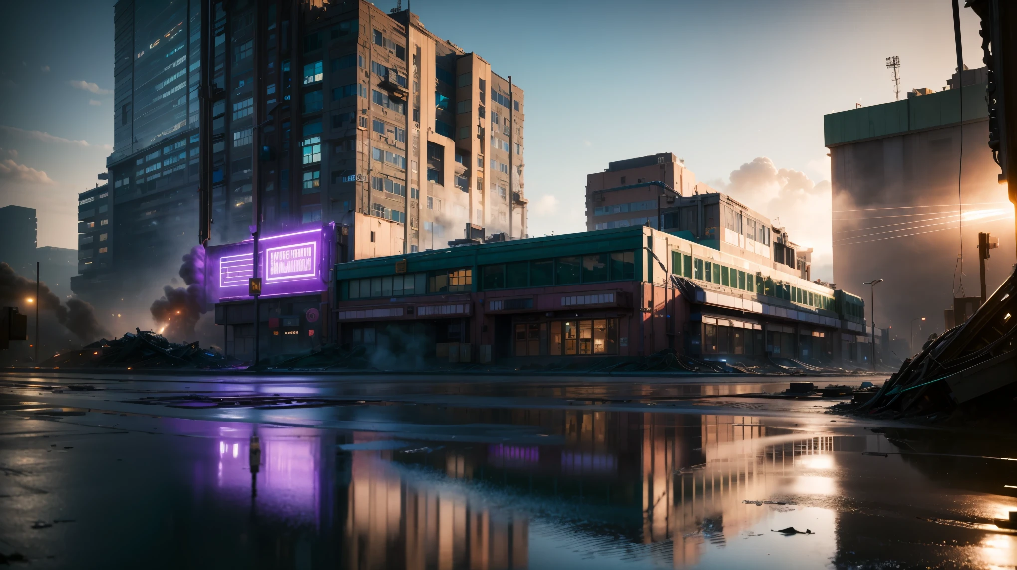 radioactive environment, green light, catastrophe, empty streets, factory on the background, night dramatic lighting, blue and purple tones, wide camera angle, matte painting, trending on ArtStation, concept art, delightful surroundings, sharp contrast, super graphically realistic detailed, high definition, HDR, high detail, ray tracing, 4K, 8K, highres, 16k, high quality, award winning, super detail, UHD, 16k, best quality, ccurate, high details