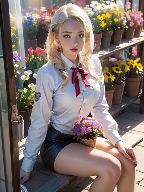 (best quality, 8k, highres, photorealistic:2.0), (solo, one girl:2.0),(lighting: front),(lighting: strong),(ultimate beautiful girl:2.0),(shiny skin),(oily skin),(platinum blonde hair:1.3),(girl tying hair:2.0),(american beauty:2.0),Blush brown makeup , dark eye makeup , use pink glossy lipstick,(big beady eyes girl:1.5),(thin girl:1.5),(),(sex appeal:1.7),(sweet smelling girl),(Photographed at a small flower shop in town:1.5),(Part-time girl working at a flower shop:1.5),(She is wearing a neat flower shop uniform:1.5),(popular flower shop clerk),(she works for low wages:1.5),(she has a nice smile),(her body has charming curves),(she is very sociable and slutty),(She is the flower shop poster girl),(A girl who often speaks dirty jokes),(she looks so erotic),(from a very poor family),(A girl who loves growing flowers)