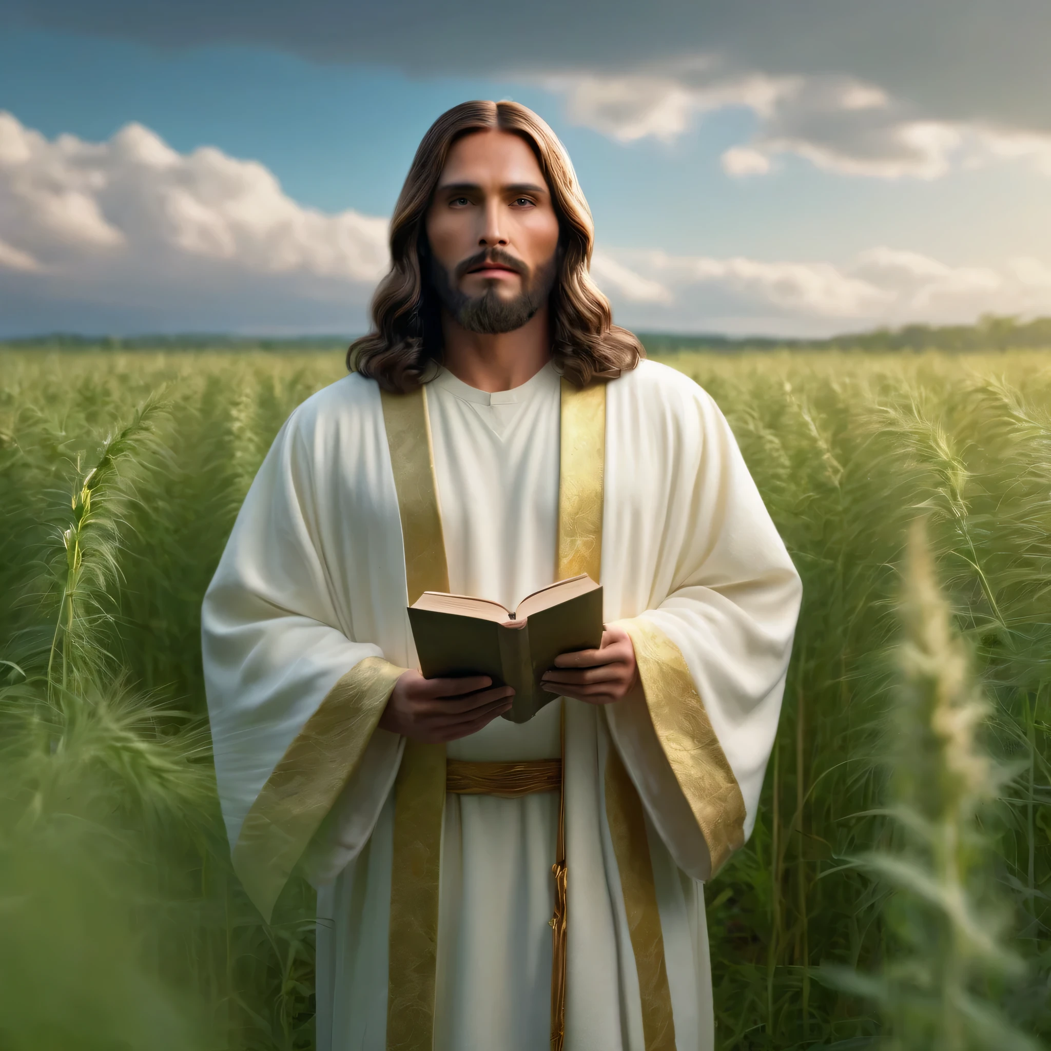 Jesus stands in a field, wearing a green and white robe and a golden halo. He holds a golden staff and a book, gazing forward. The sky is overcast, casting a solemn atmosphere. In the foreground, weeds grow untamed, adding a touch of wildness to the scene.
(best quality,4k,8k,highres,masterpiece:1.2),ultra-detailed,(realistic,photorealistic,photo-realistic:1.37),HDR,UHD,studio lighting,ultra-fine painting,sharp focus,physically-based rendering,extreme detail description,professional,vivid colors,bokeh,portraits