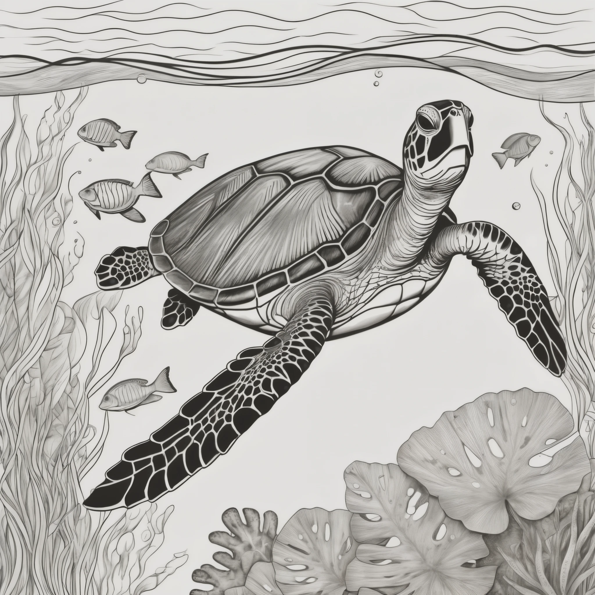 Line drawing, Pixar style, of a turtle swimming in the colorless ocean with slow current and colorless water, A graceful turtle at the bottom of the sea, masterpiece, best quality, white background, perfect anatomy without color, detailed tropical background with dense colorless tropical vegetation, ColoringBookAF, coloring books on blank white background, coloring book, reasonable design, high sharpness, best quality, highly detailed, masterpieces, colorless film effects, 4K