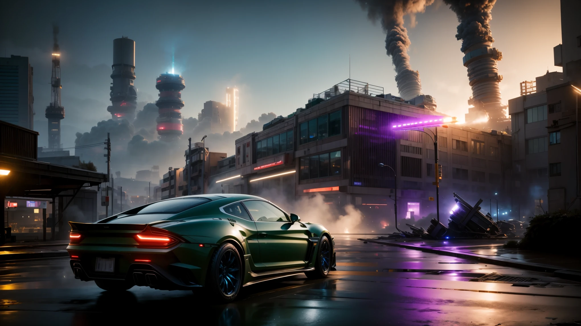 radioactive environment, green light, catastrophe, empty streets, factory on the background, night dramatic lighting, blue and purple tones, wide camera angle, matte painting, trending on ArtStation, concept art, delightful surroundings, sharp contrast, super graphically realistic detailed, high definition, HDR, high detail, ray tracing, 4K, 8K, highres, 16k, high quality, award winning, super detail, UHD, 16k, best quality, ccurate, high details