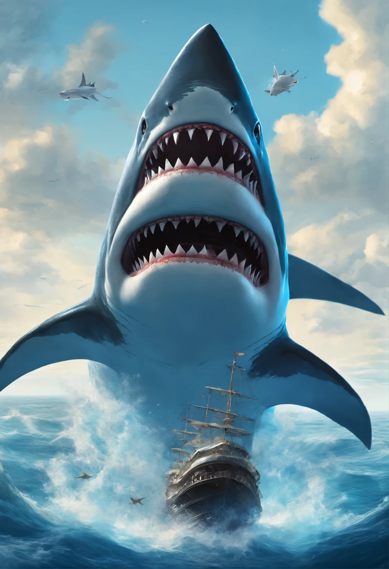 concept art of giant flying shark_island shaped like shark with sharp teeth, fantasy world setting, high above the clouds

