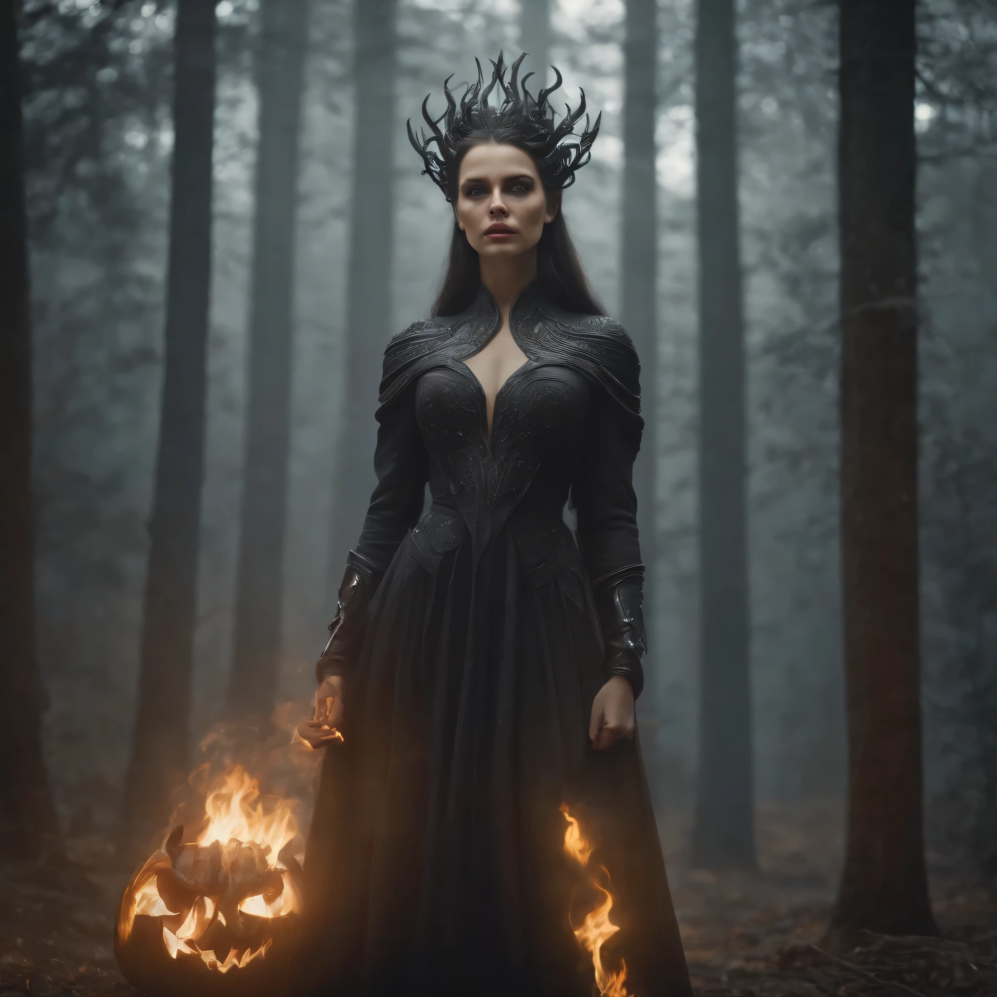 A mysterious witch, perfect butt, sexiest clothes, multicolor chaos energy, standing in a dark forest of barren trees, glowing with a powerful energy. Realistic, stunning realistic photograph, 3d render, octane render, intricately detailed, cinematic, trending on artstation, Isometric, Centered hipereallistic cover photo, awesome full color, hand drawn, dark, gritty, mucha, klimt, erte 12k, high definition, cinematic, neoprene, behance contest winner, portrait featured on unsplash, stylized digital art, smooth, ultra high definition, 8k, unreal engine 5, ultra sharp focus, intricate artwork masterpiece, ominous, epic, TanvirTamim, trending on artstation, by artgerm, h. r. giger and beksinski, highly detailed, vibrant