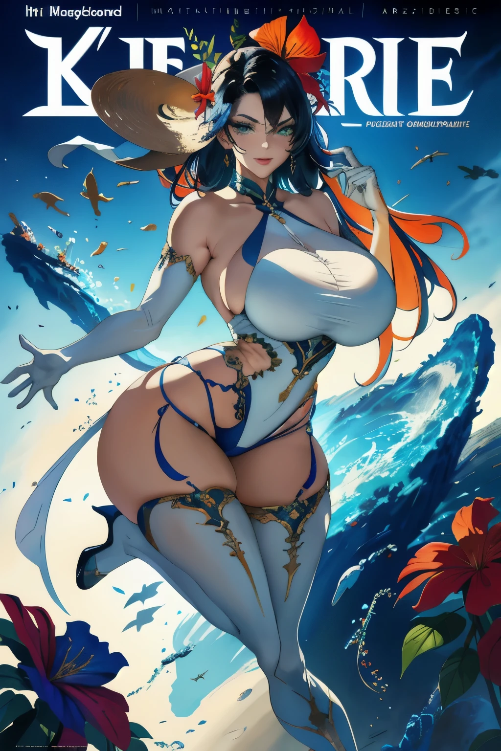 Game cover art:1.5), (masterpiece:1.2), (best quality:1.2), highest quality, absurdres, 8k wallpaper, HDR, elaborate features, beautiful intricate eyes, ray tracing, perfect face, octane render, tits,, sexy lips,
(gigantic and massive tits:1.1), breasts, official illustration, illustration, detailed face,(Magazine cover: 1.3), Ulzzang-6500, (realistic: 1.3) (original: 1.2), masterpiece, best quality, beautiful clean face, full body, masterpiece, best quality, colorful, LLTH, blue handHibiscus flower blooming on a gnarled branch on a gray background, simple background, in the style of light orange and light beige, minimalist images, photo installations, paleocore, green and crimson, Hyperrealistic, poetic intimacy. masterpiece, best quality, colorful, LLTH,