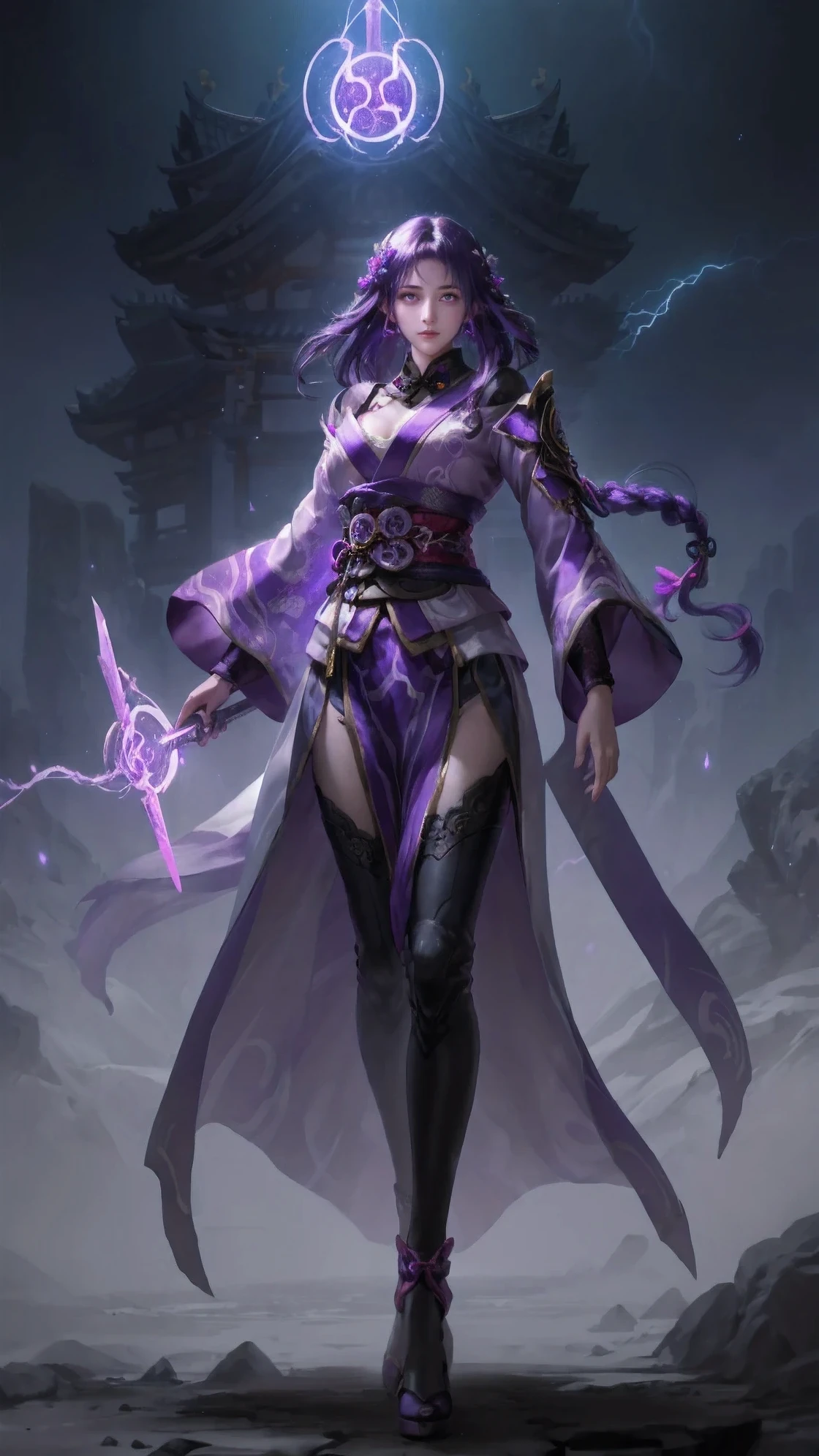 1girl,urple hair, purple eyes, glowing eyes, purple kimono, huge :1.2, holding a sword, electricity, lightning, Artifacts,purple magic, aura, full body,magic circle, braids,very long hair,hair flowe,Off shoulder, Raiden_shogun is pulling a blade from her chest, raiden shogun,purple hair, Daofa Rune, keqing (genshin impact),chinese_clothes,police,white_dress