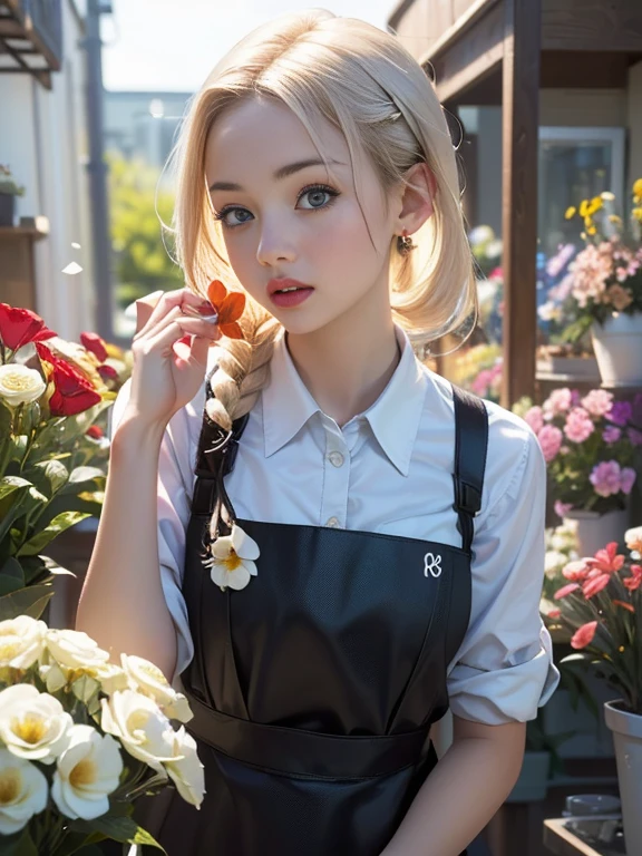 (best quality, 8k, highres, photorealistic:2.0), (solo, one girl:2.0),(lighting: front),(lighting: strong),(ultimate beautiful girl:2.0),(shiny skin),(oily skin),(platinum blonde hair:1.3),(girl tying hair:2.0),(american beauty:2.0),Blush brown makeup , dark eye makeup , use pink glossy lipstick,(big beady eyes girl:1.5),(thin girl:1.5),(),(sex appeal:1.7),(sweet smelling girl),(Photographed at a small flower shop in town:1.5),(Part-time girl working at a flower shop:1.5),(She is wearing a flower shop apron:1.5),(popular flower shop clerk),(she works for low wages:1.5),(she has a nice smile),(her body has charming curves),(she is very sociable and slutty),(She is the flower shop poster girl),(A girl who often speaks dirty jokes),(she looks so erotic),(from a very poor family),(A girl who loves growing flowers)