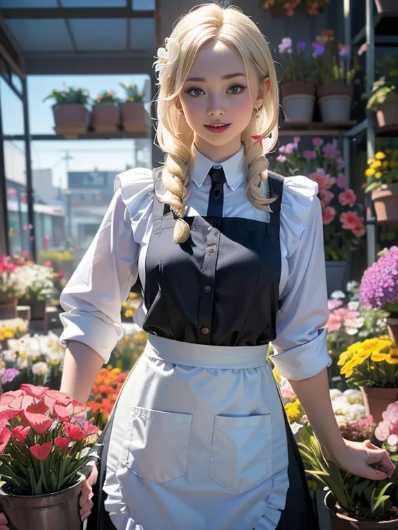 (best quality, 8k, highres, photorealistic:2.0), (solo, one girl:2.0),(lighting: front),(lighting: strong),(ultimate beautiful girl:2.0),(shiny skin),(oily skin),(platinum blonde hair:1.3),(girl tying hair:2.0),(american beauty:2.0),Blush brown makeup , dark eye makeup , use pink glossy lipstick,(big beady eyes girl:1.5),(thin girl:1.5),(),(sex appeal:1.7),(sweet smelling girl),(Photographed at a small flower shop in town:1.5),(Part-time girl working at a flower shop:1.5),(She is wearing a flower shop apron:1.5),(popular flower shop clerk),(she works for low wages:1.5),(she has a nice smile),(her body has charming curves),(she is very sociable and slutty),(She is the flower shop poster girl),(A girl who often speaks dirty jokes),(she looks so erotic),(from a very poor family),(A girl who loves growing flowers)