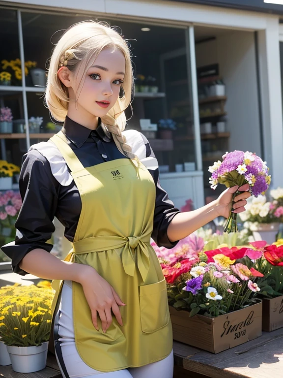 (best quality, 8k, highres, photorealistic:2.0), (solo, one girl:2.0),(lighting: front),(lighting: strong),(ultimate beautiful girl:2.0),(shiny skin),(oily skin),(platinum blonde hair:1.3),(girl tying hair:2.0),(american beauty:2.0),Blush brown makeup , dark eye makeup , use pink glossy lipstick,(big beady eyes girl:1.5),(thin girl:1.5),(baby face girl),(sex appeal:1.7),(sweet smelling girl),(Photographed at a small flower shop in town:1.5),(Part-time girl working at a flower shop:1.5),(She is wearing a flower shop apron:1.5),(popular flower shop clerk),(she works for low wages:1.5),(she has a nice smile),(her body has charming curves),(she is very sociable and slutty),(She is the flower shop poster girl),(A girl who often speaks dirty jokes),(she looks so erotic),(from a very poor family),(A girl who loves growing flowers)