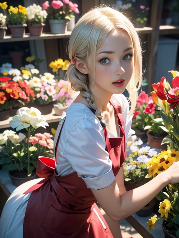 (best quality, 8k, highres, photorealistic:2.0), (solo, one girl:2.0),(lighting: front),(lighting: strong),(ultimate beautiful girl:2.0),(shiny skin),(oily skin),(platinum blonde hair:1.3),(girl tying hair:2.0),(american beauty:2.0),Blush brown makeup , dark eye makeup , use pink glossy lipstick,(big beady eyes girl:1.5),(thin girl:1.5),(baby face girl),(sex appeal:1.7),(sweet smelling girl),(Photographed at a small flower shop in town:1.5),(Part-time girl working at a flower shop:1.5),(She is wearing a flower shop apron:1.5),(popular flower shop clerk),(she works for low wages:1.5),(she has a nice smile),(her body has charming curves),(she is very sociable and slutty),(She is the flower shop poster girl),(A girl who often speaks dirty jokes),(she looks so erotic),(from a very poor family),(A girl who loves growing flowers)
