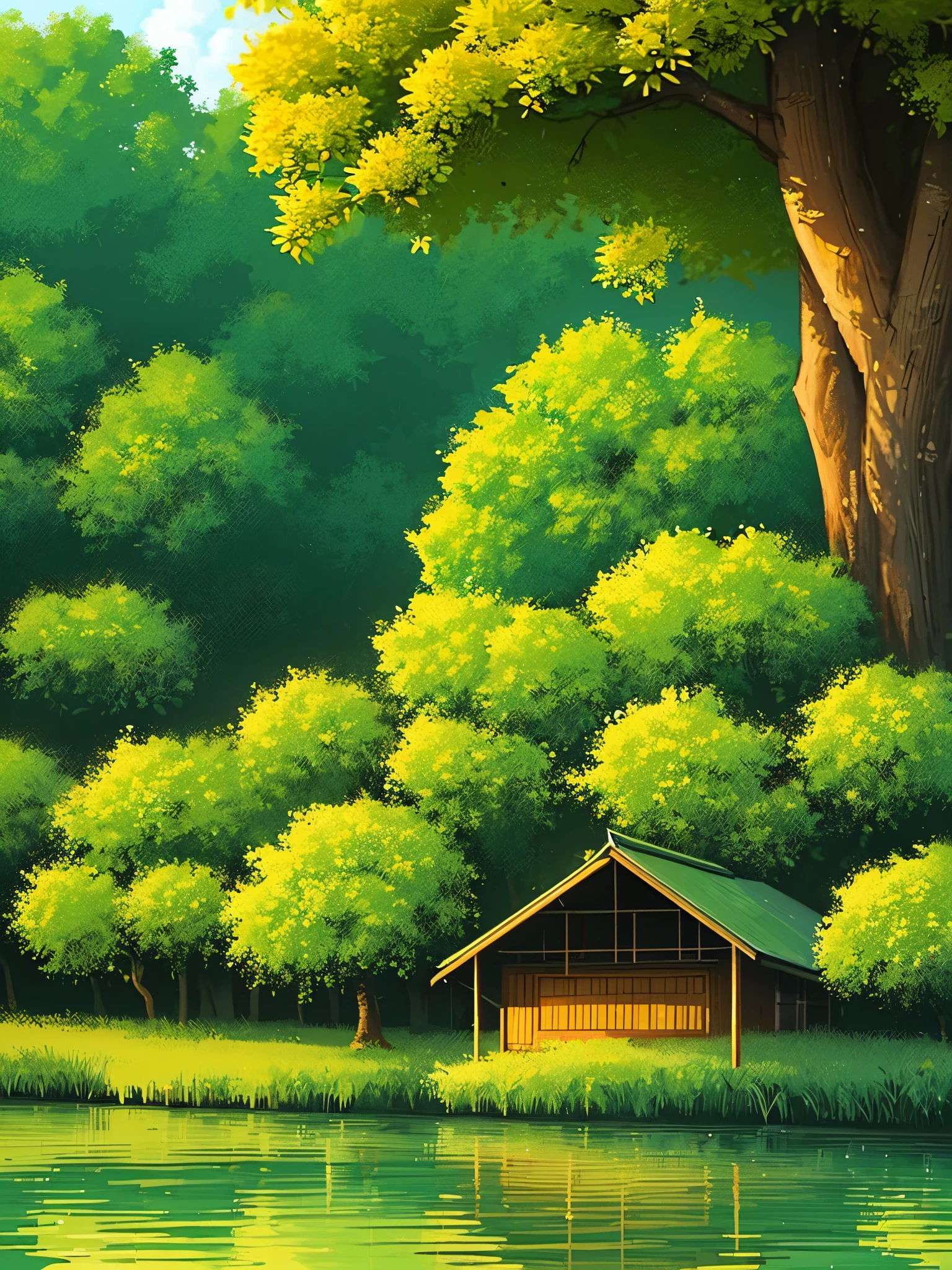 an old colonial hut near bank of a river, jungle, boat, shade of dense banyan tree, vibrant green and blue hues, lily leaves in water, nature at its best, reflection, yellow daisy flowers, flowers and grass growing, plant pots outside, bright day
