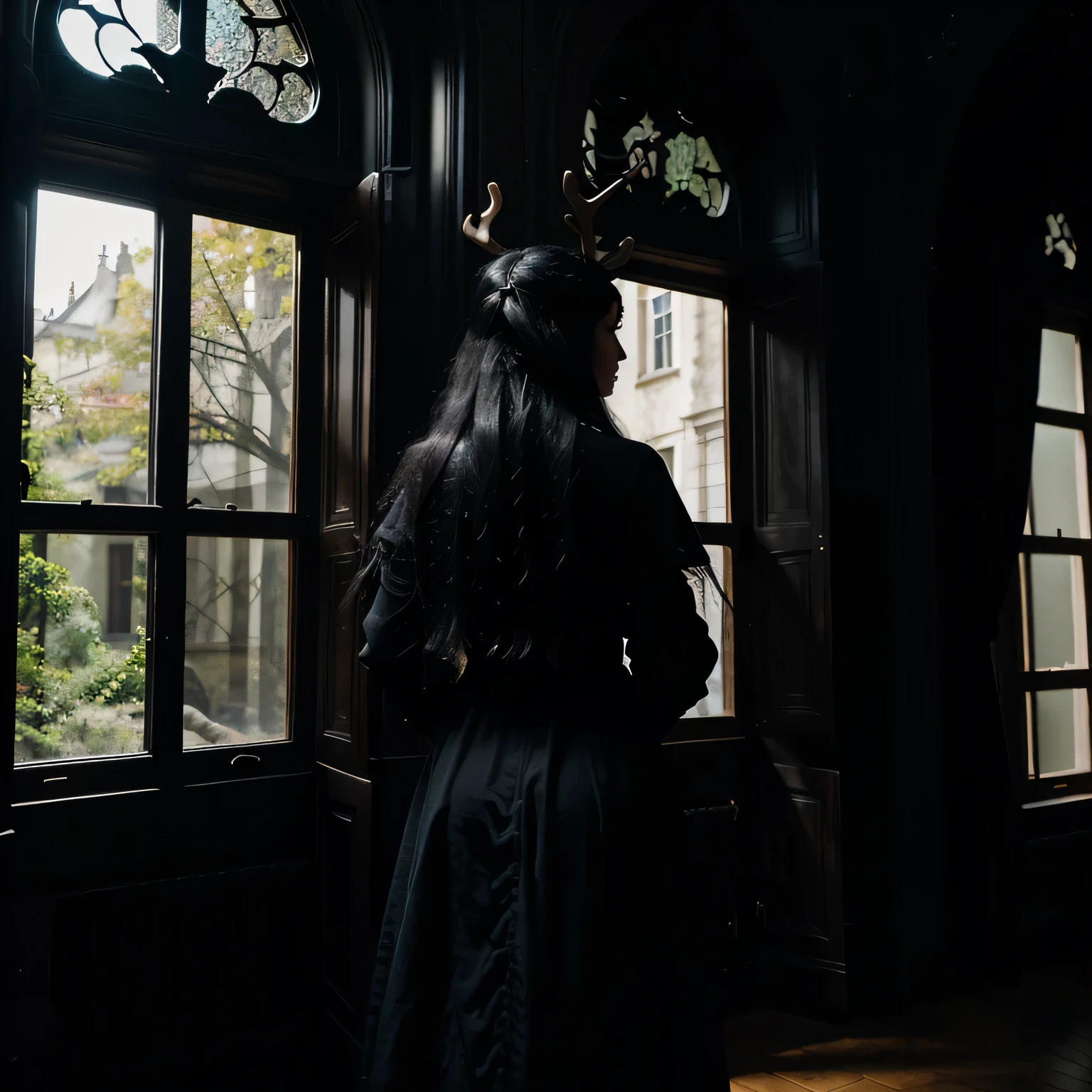 full body girl facing away, she stands in a gothic home in front of the window, she has a bewitching pose, she has long black hair, antlers on her head, she is wearing a black dress, fantasy style