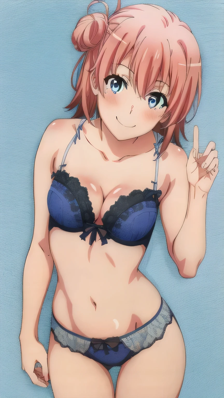  ((2 girls:1.0)), (Yuigahama Yui shapely breasts),(Yukinoshita Yukino)pin up,light blue lace underwear,pink lace panties,Ribbon on panties,belly button,thighs,knees,front,looking at camera,(high angle),smile,Panoramic view of the head,beautiful eyes