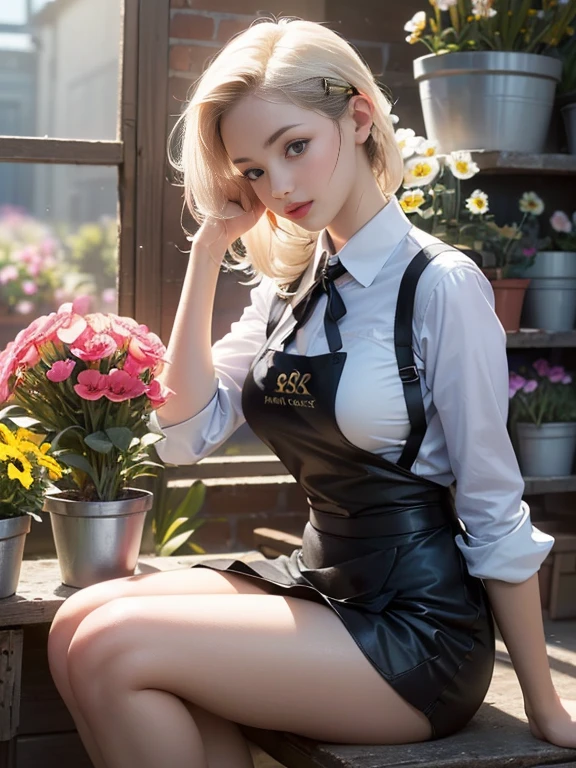 (best quality, 8k, highres, photorealistic:2.0), (solo, one girl:2.0),(lighting: front),(lighting: strong),(ultimate beautiful girl:2.0),(shiny skin),(oily skin),(platinum blonde hair:1.3),(girl tying hair:2.0),(american beauty:2.0),Blush brown makeup , dark eye makeup , use pink glossy lipstick,(big beady eyes girl:1.5),(thin girl:1.5),(baby face girl),(sex appeal:1.7),(sweet smelling girl),(Photographed at a small flower shop in town:1.5),(Part-time girl working at a flower shop:1.5),(She is wearing a flower shop apron:1.5),(popular flower shop clerk),(she works for low wages:1.5),(she has a nice smile),(her body has charming curves),(she is very sociable and slutty),(She is the flower shop poster girl),(A girl who often speaks dirty jokes),(she looks so erotic),(from a very poor family),(A girl who loves growing flowers),(she hides very big breasts under her clothes)