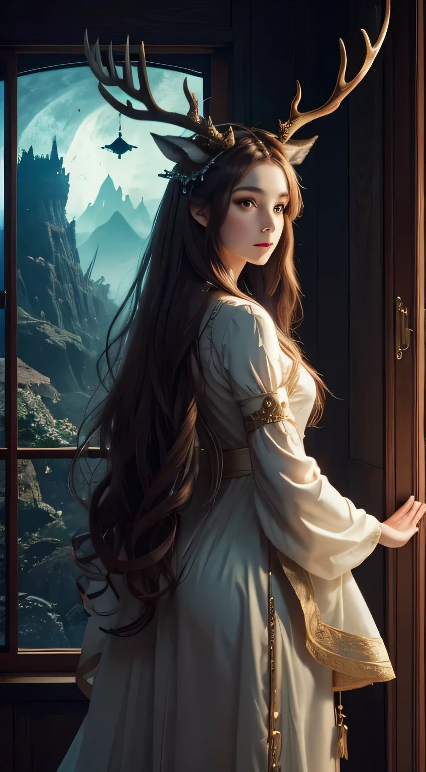masterpiece, top quality, extreme details, soft skin, pefect hands, beautiful face, bewitching pose, full body girl facing away, wolf stands next to her, antlers on her head, planets outside the window in front of her, fantasy style